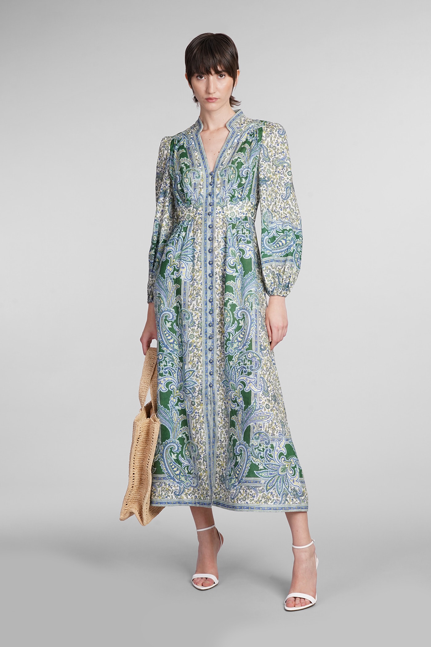 Shop Zimmermann Dress In Green Linen In Green Paisley