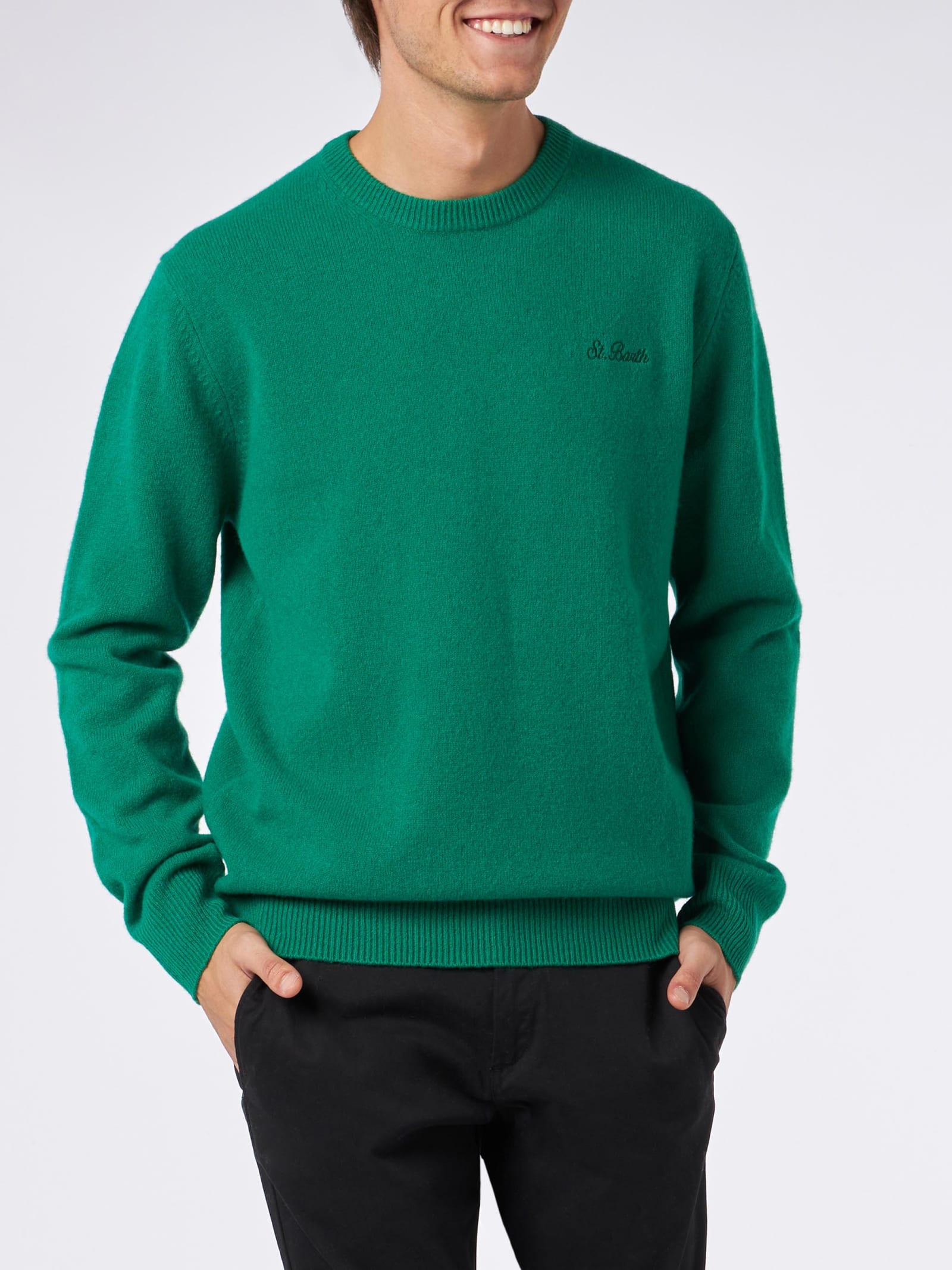 Mc2 Saint Barth Man Crewneck Green Sweater With St. Barth Embroidery In Green