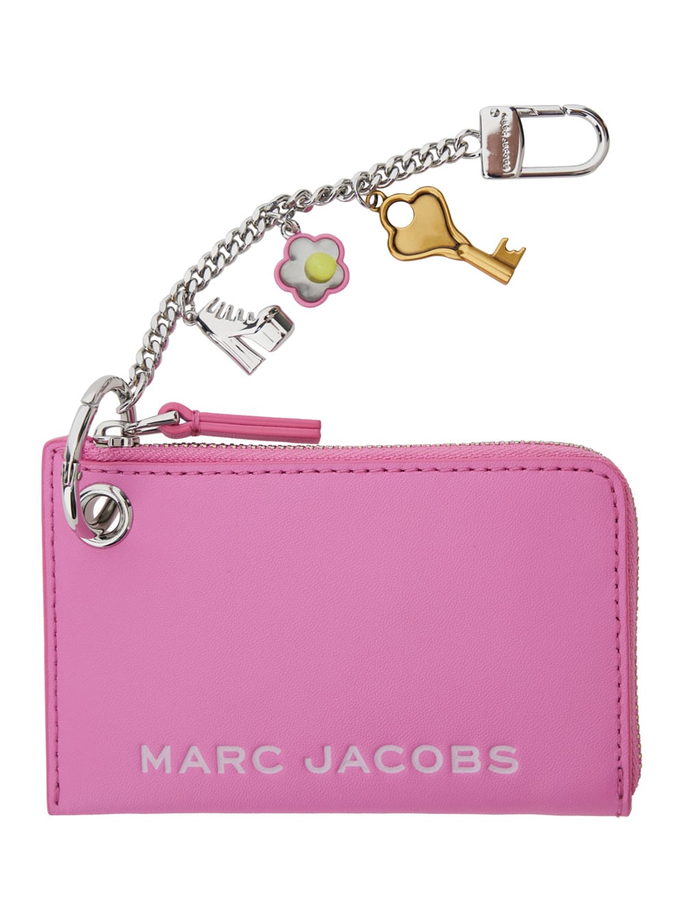 the Coin Purse Charm Pink Keychain With Logo Lettering On The Front And Charm Embellishments In Grained Leather Woman