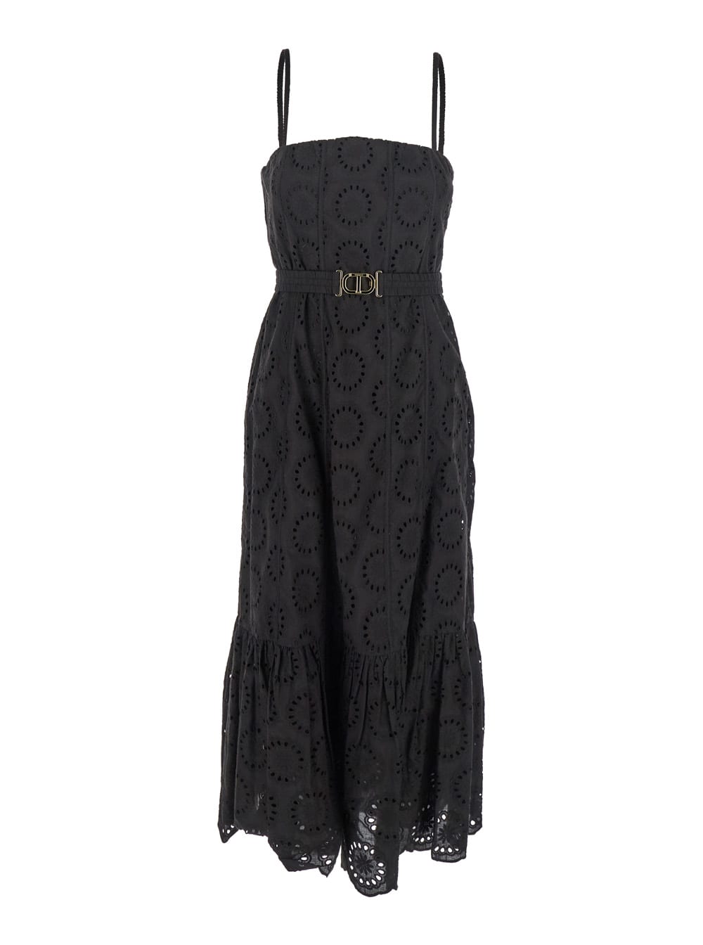 Twinset Black Dress With Removable Straps And Broderie Anglaise In Cotton Woman