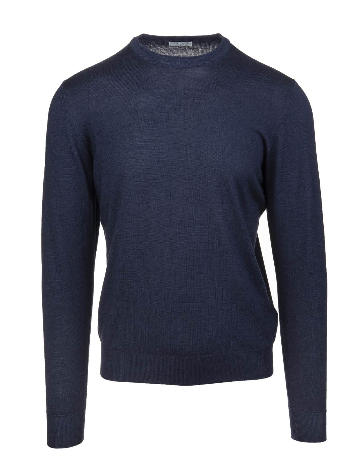 Fedeli Man Round Neck Pullover In Navy Blue Worsted Wool