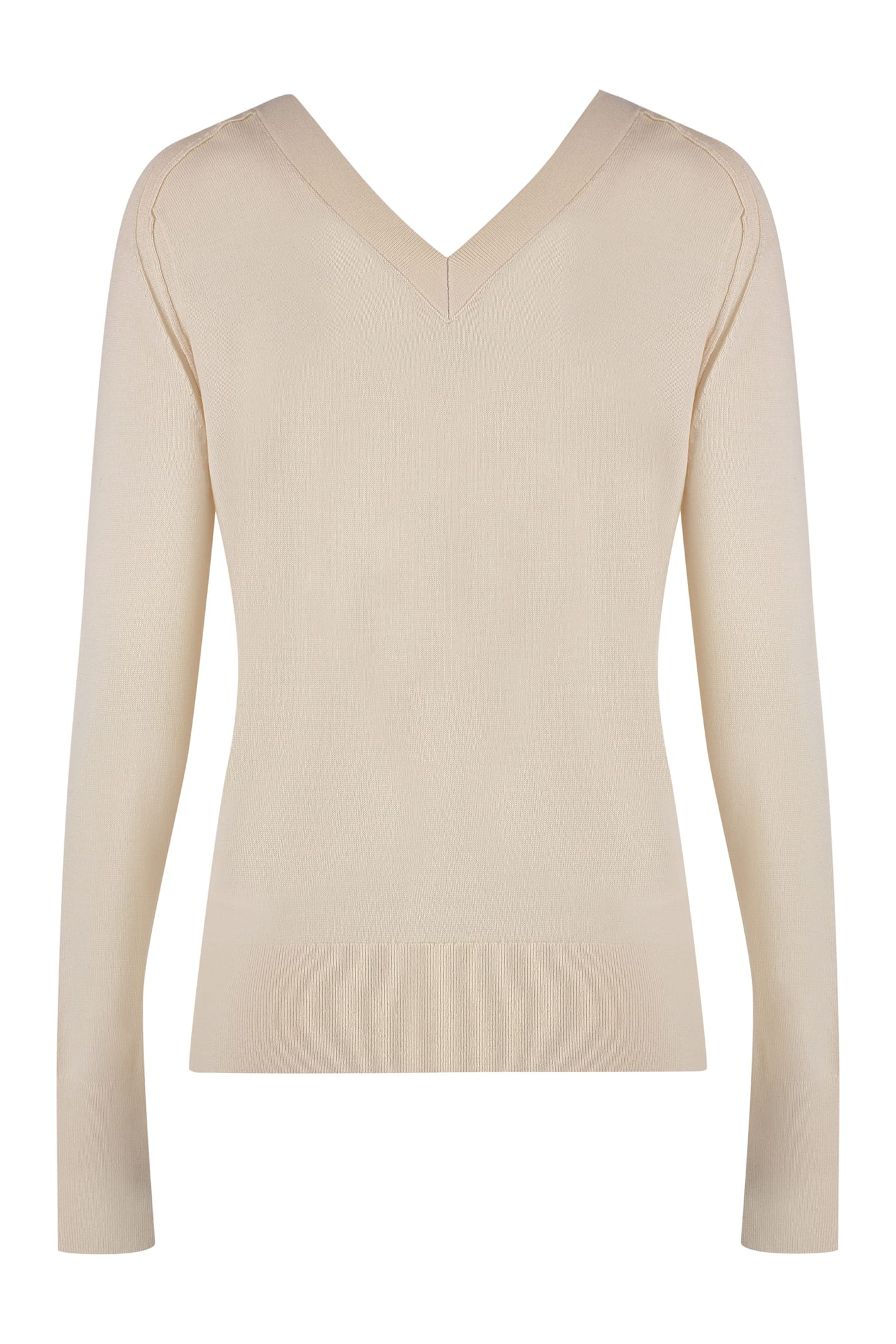Calvin Klein Wool V-neck Sweater With Ribbed Knit In Panna