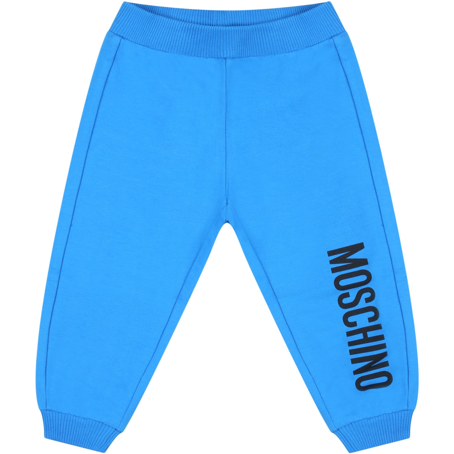 MOSCHINO LIGHT BLUE TRACKSUIT TROUSERS FOR BABY BOY WITH BLACK LOGO