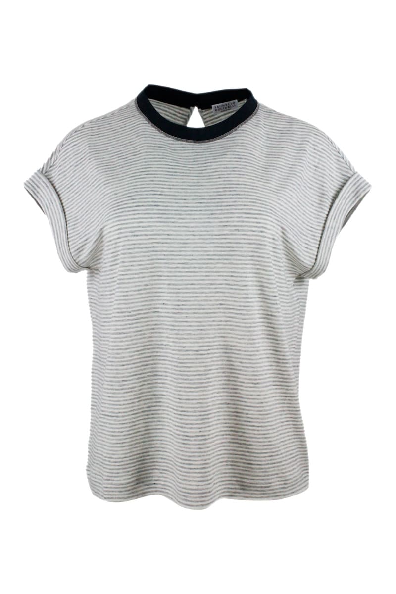 Brunello Cucinelli Short Sleeve Crew Neck T-shirt With Stripes And Monili On The Neck
