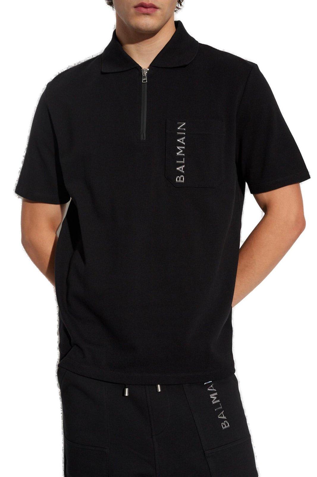 Shop Balmain Oversize Half-zipped Polo Shirt In Noir/gris Foncé