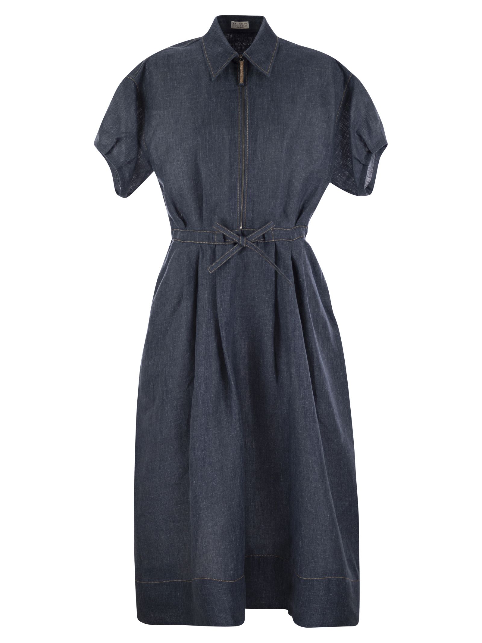 Short-sleeved Denim Effect Linen Dress