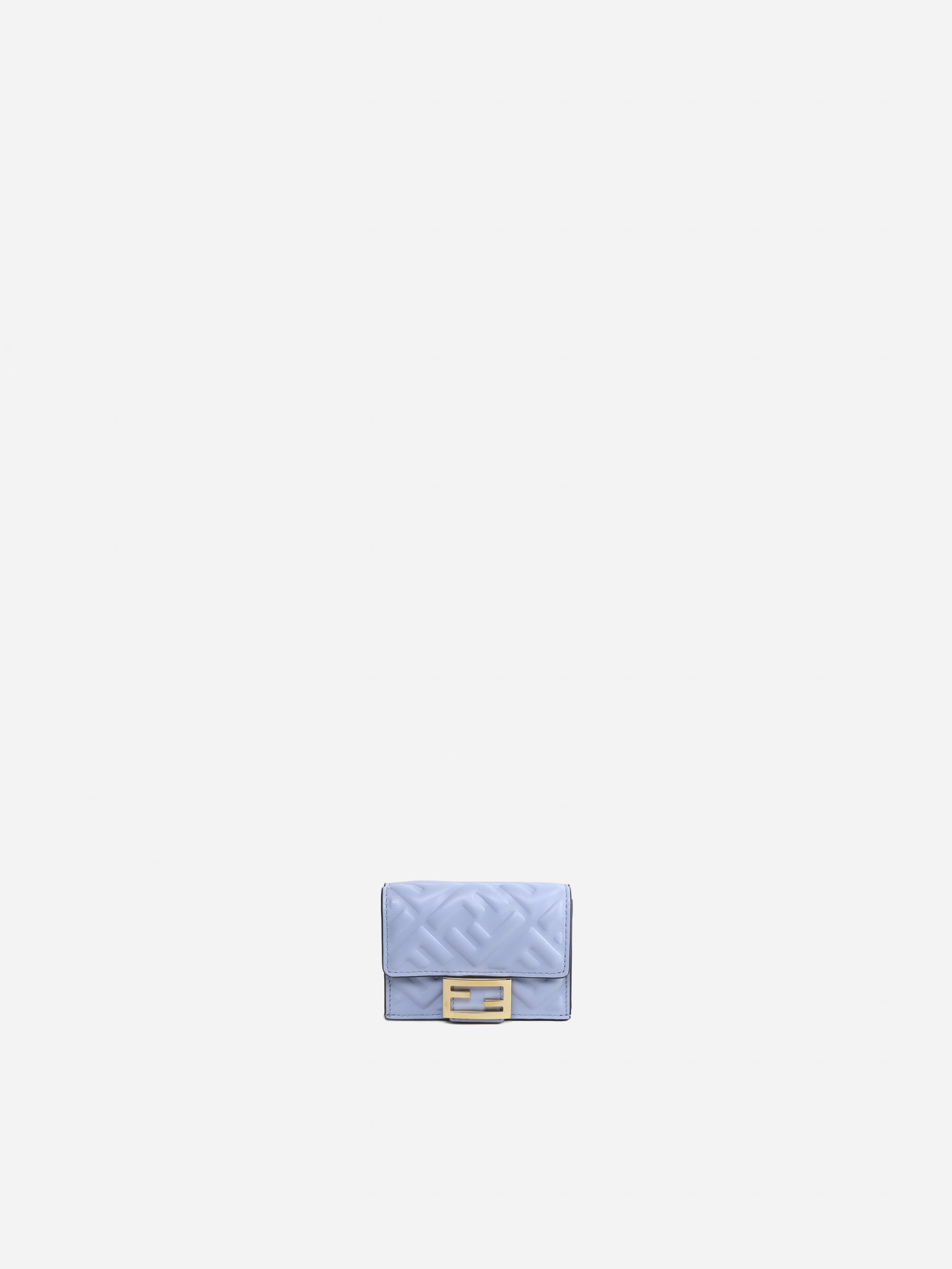 Fendi Baguette Wallet In Leather With All-over Ff Motif In Light Blue