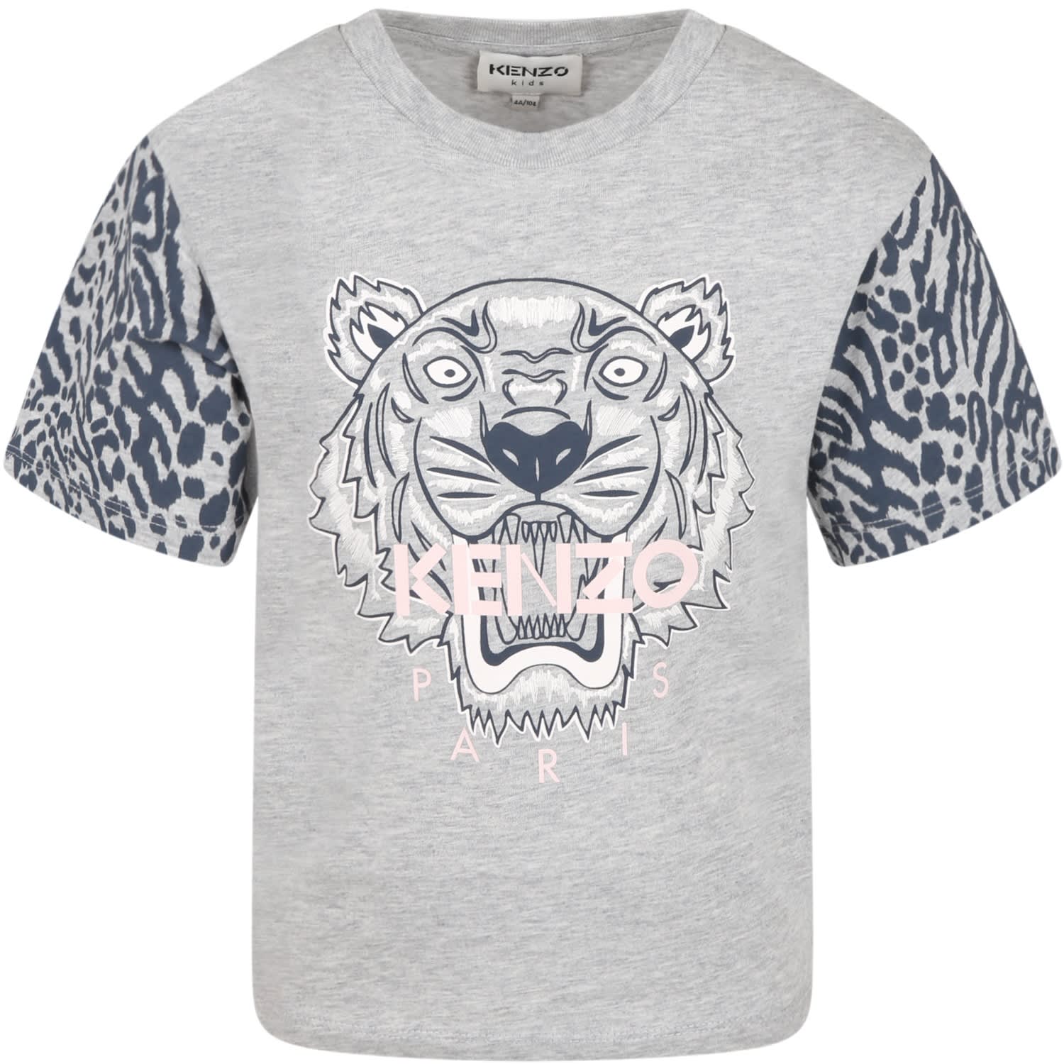 Kenzo Kids Grey T-shirt For Girl With Tiger