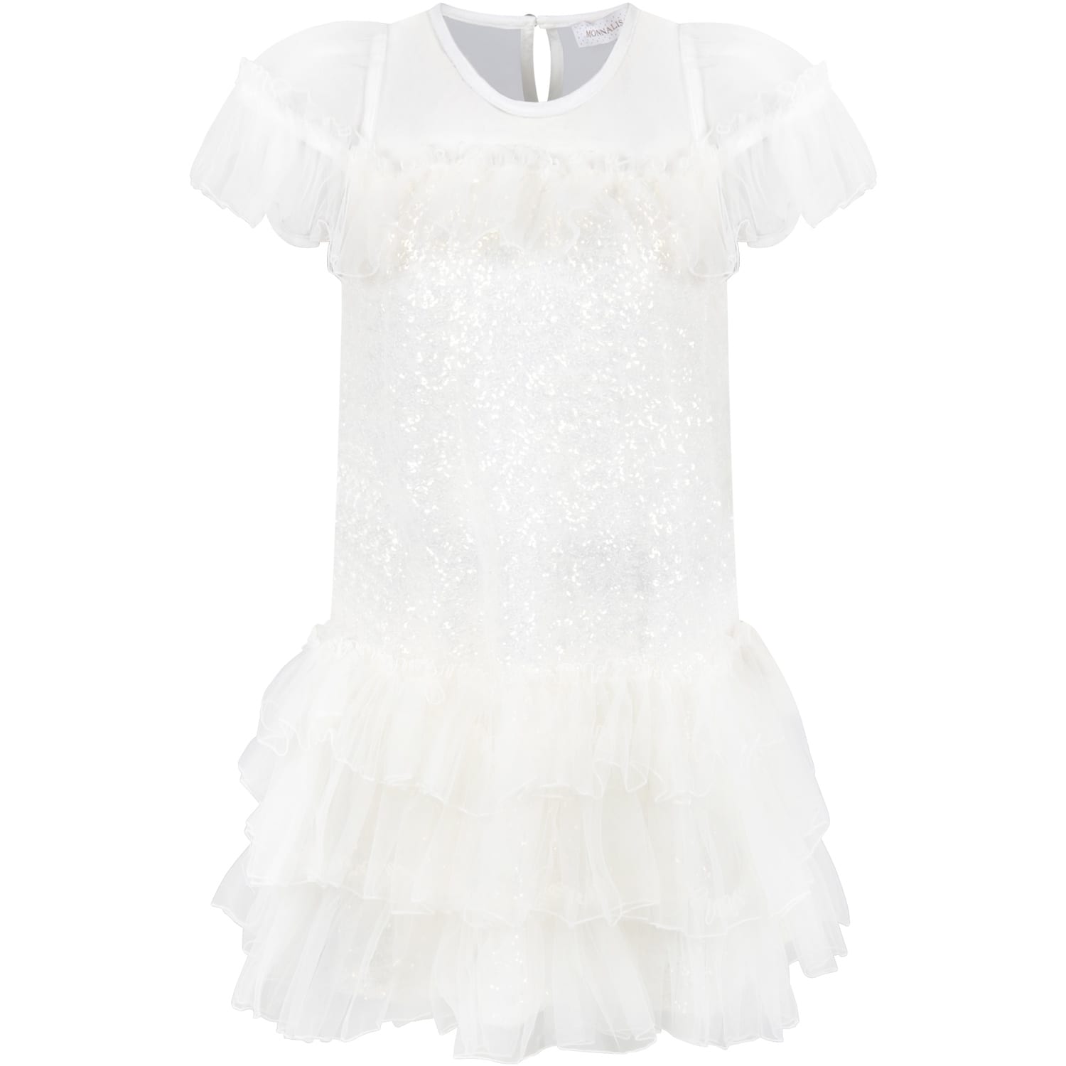 Monnalisa Ivory Dress For Girl With Sequins