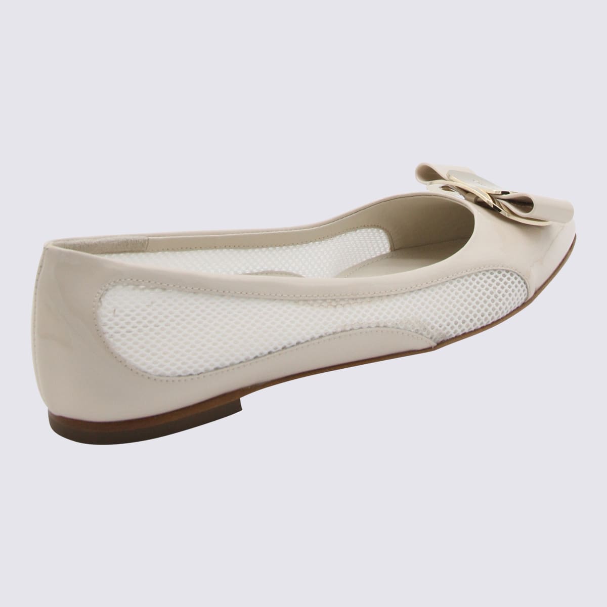 Shop Ferragamo Ivory Leather And Mesh Varina Flats