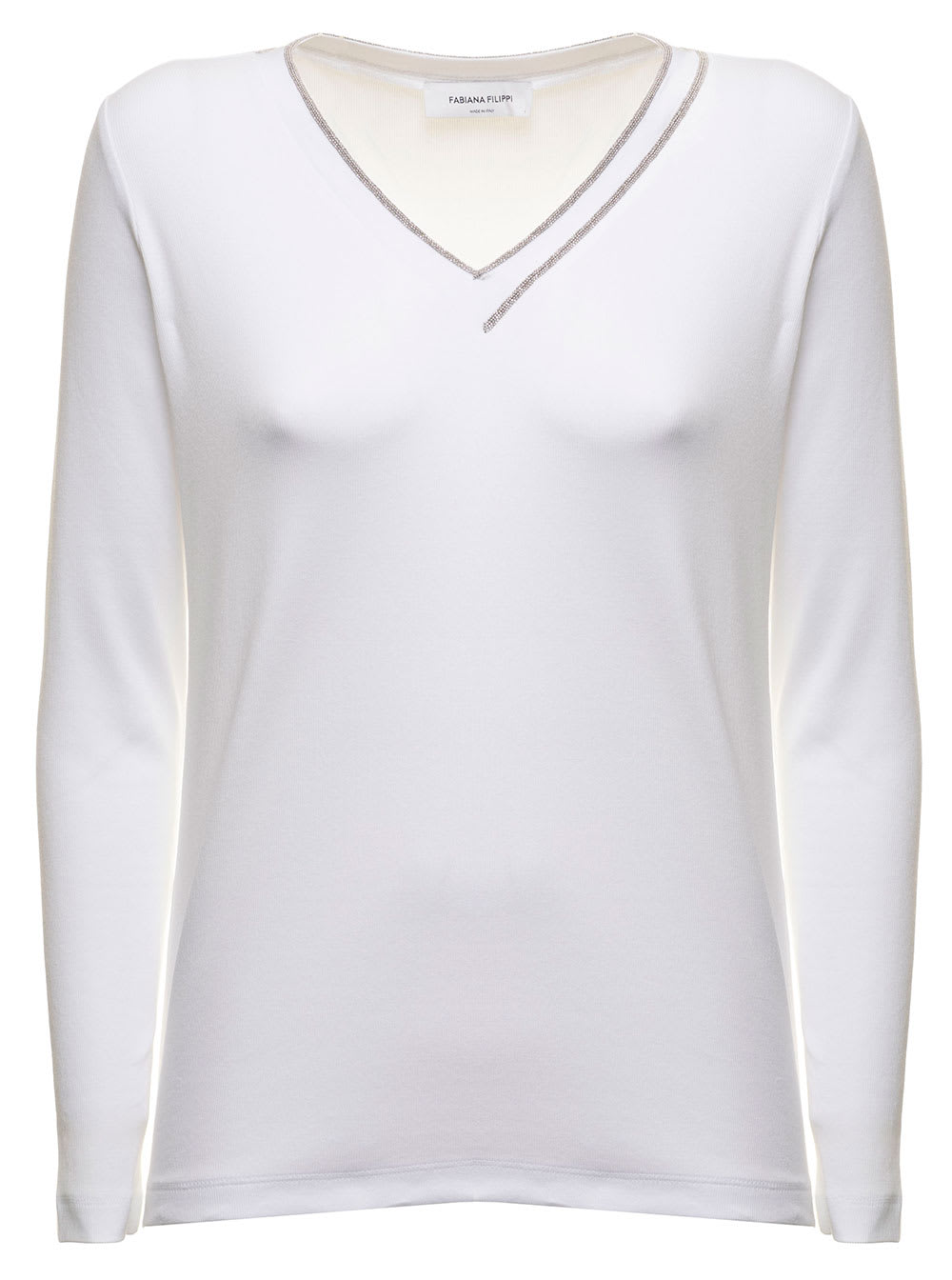 White Cotton Long-sleeved T-shirt With Metal Inserts Fabiana Filippi Woman