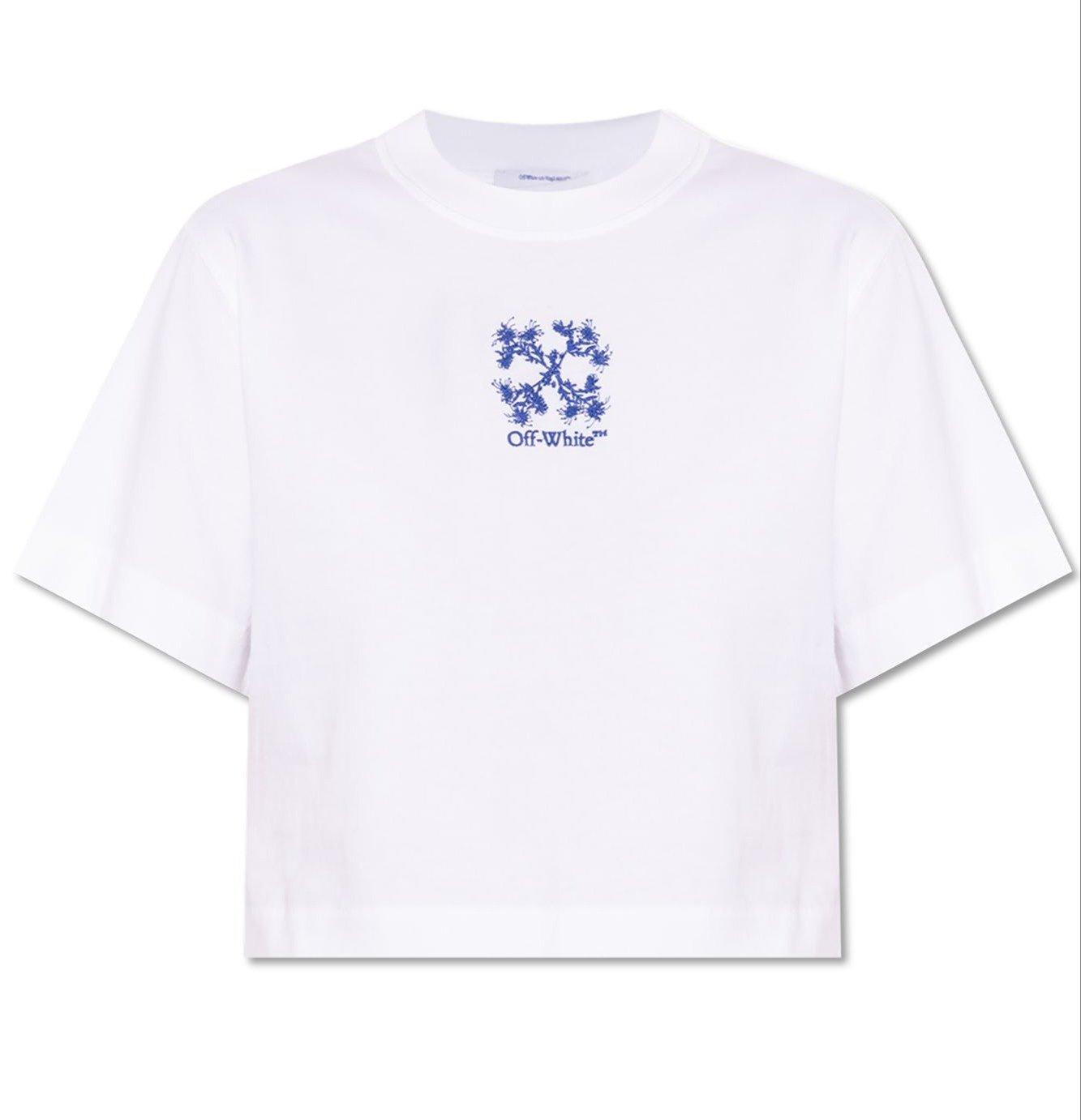 Shop Off-white Logo Embroidered Crewneck T-shirt In White/true Blue