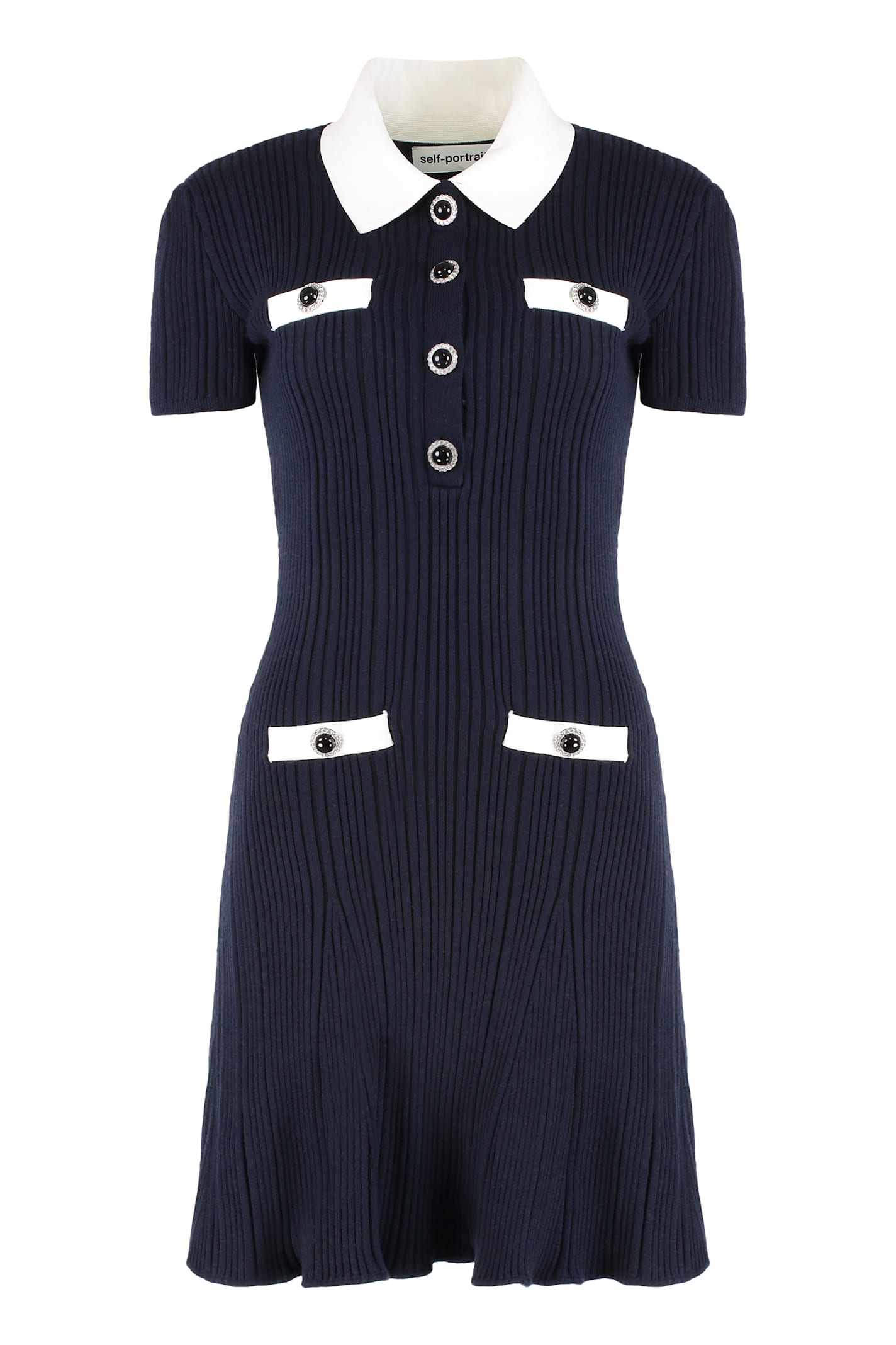 Self-portrait Mini Knitted Dress With Contrasting Collar In Blue