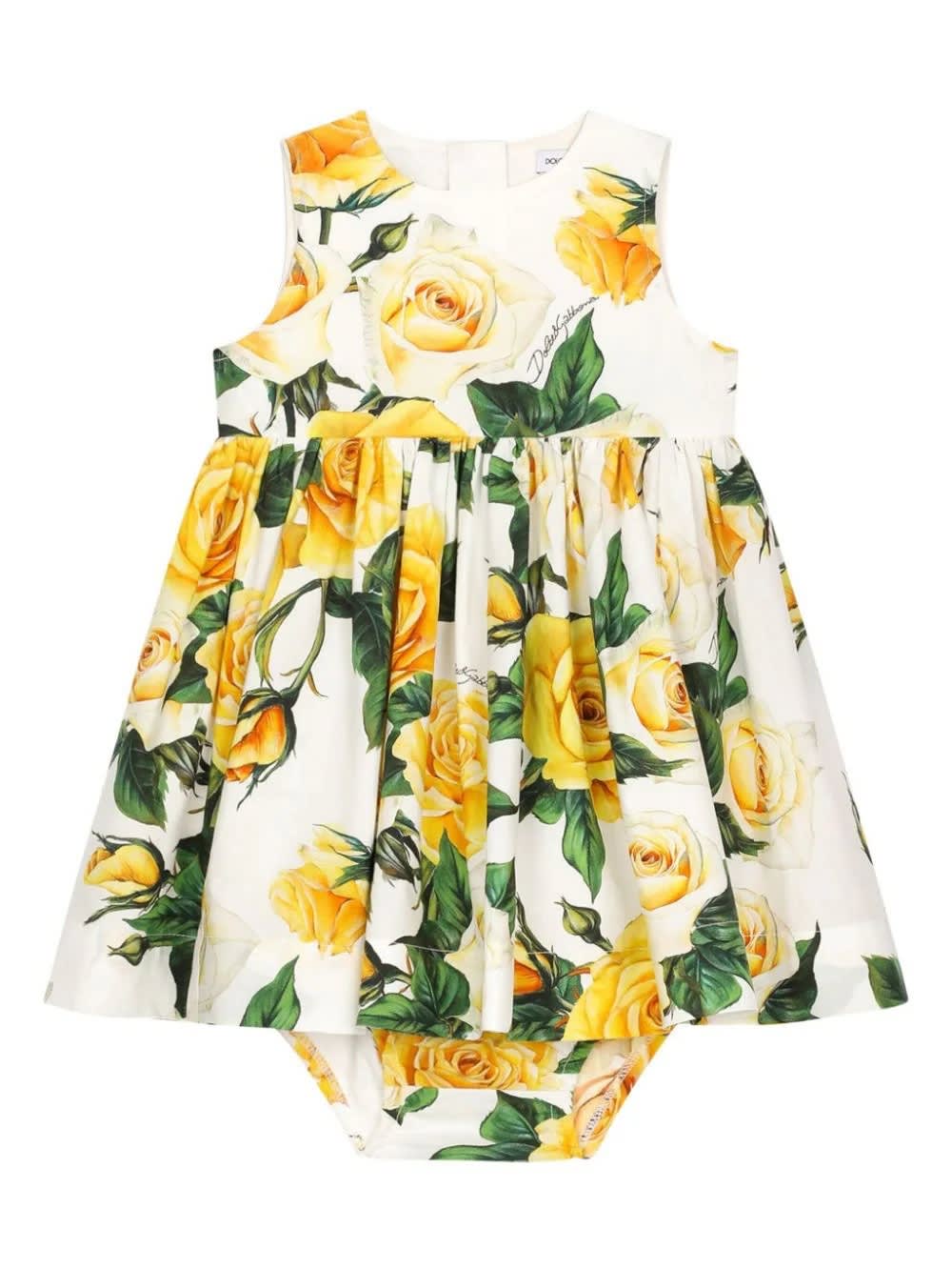 Dolce & Gabbana Babies' Yellow Rose Print Poplin Dress With Culottes
