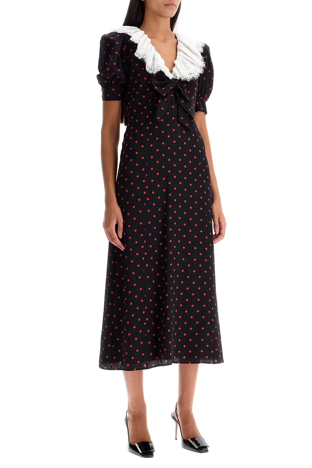 Shop Alessandra Rich Polka Dot Silk Midi Dress In Black-red (black)