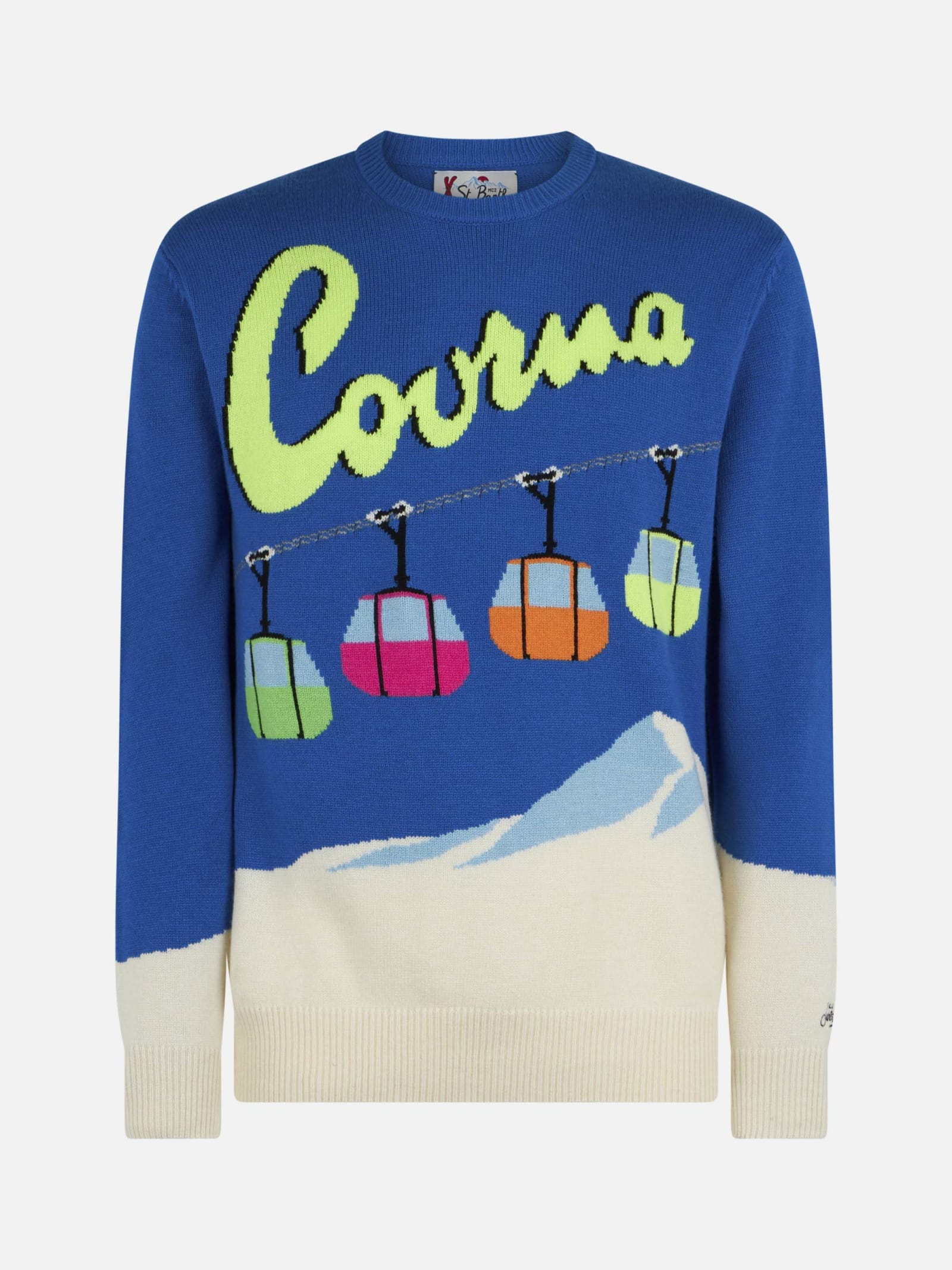 Shop Mc2 Saint Barth Man Crewneck Sweater With Courma Cable Postacard Jacquard Print In Blue