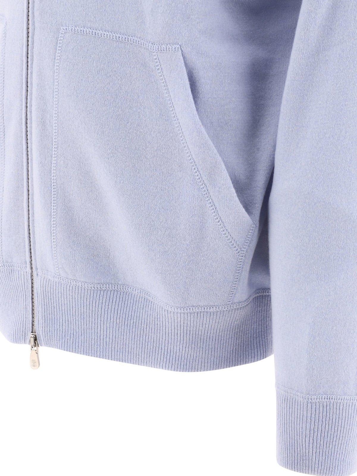 Shop Brunello Cucinelli Drawstring Zipped Knitted Hoodie In Atlantic+nebbia