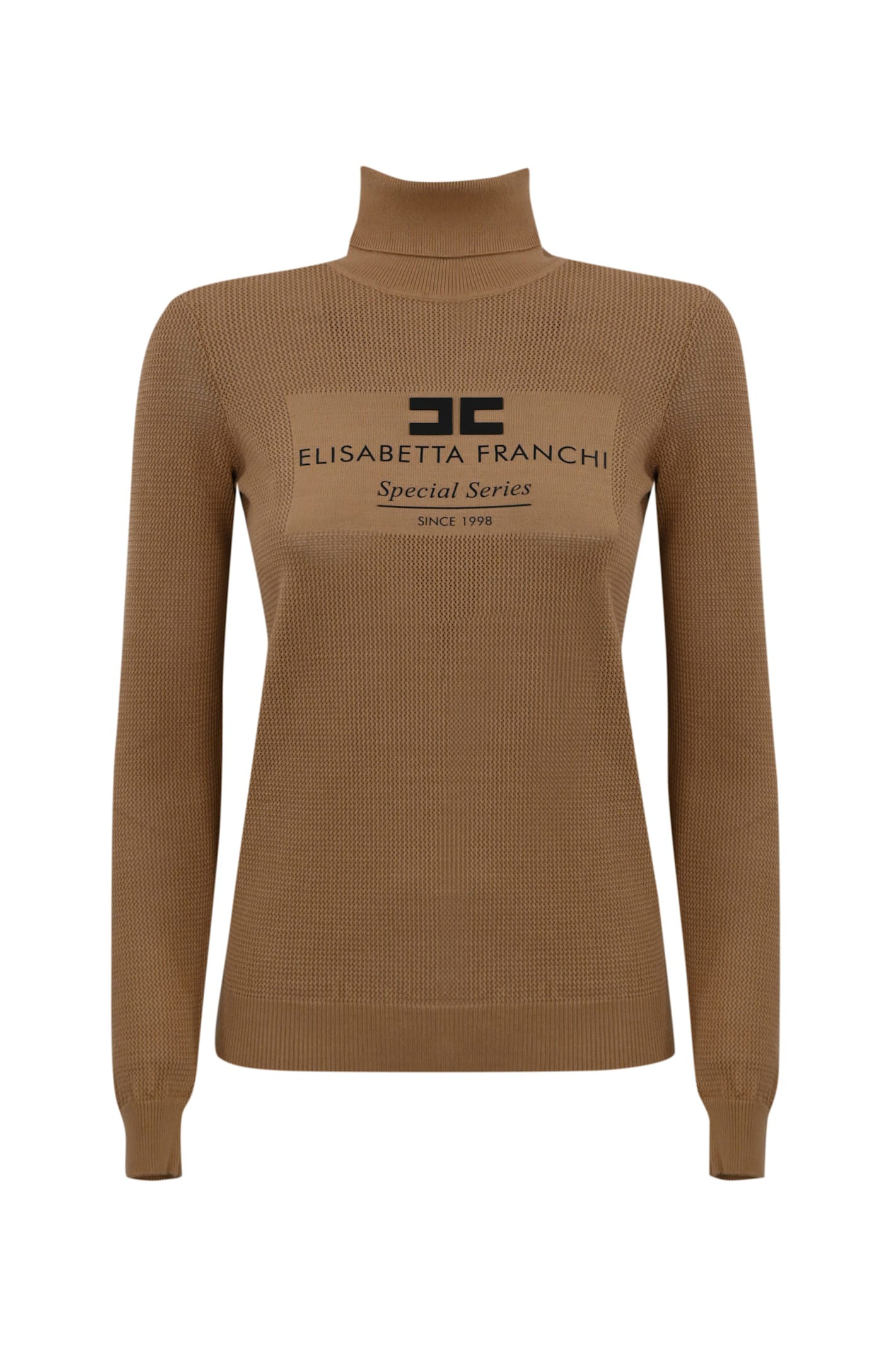 Shop Elisabetta Franchi Turtleneck In Mesh Stitch Viscose Knit With Logo Inlay In Camel