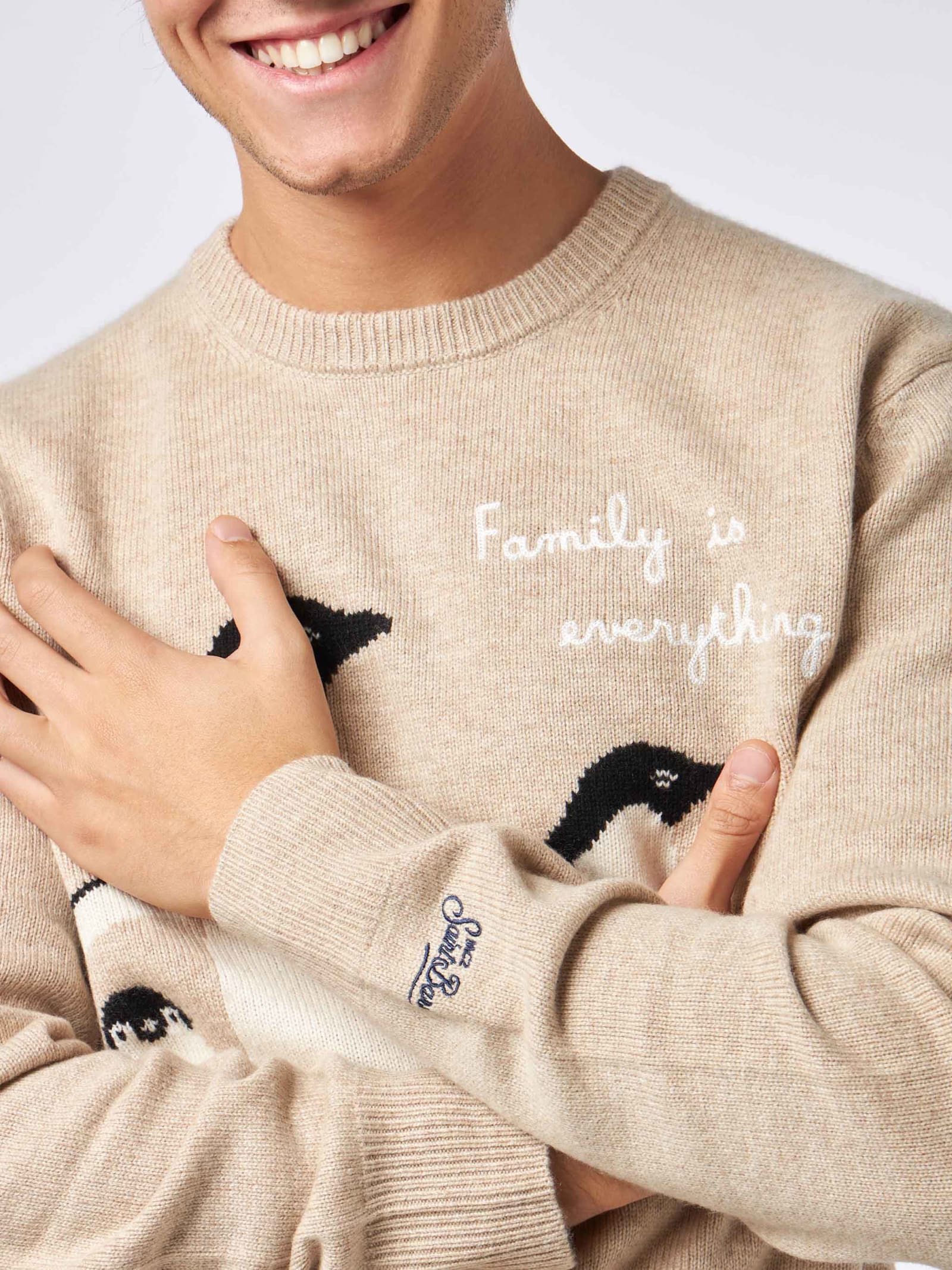 Mc2 Saint Barth Man Sweater With Penguins Print And Family Is Everything Embroidery In Beige