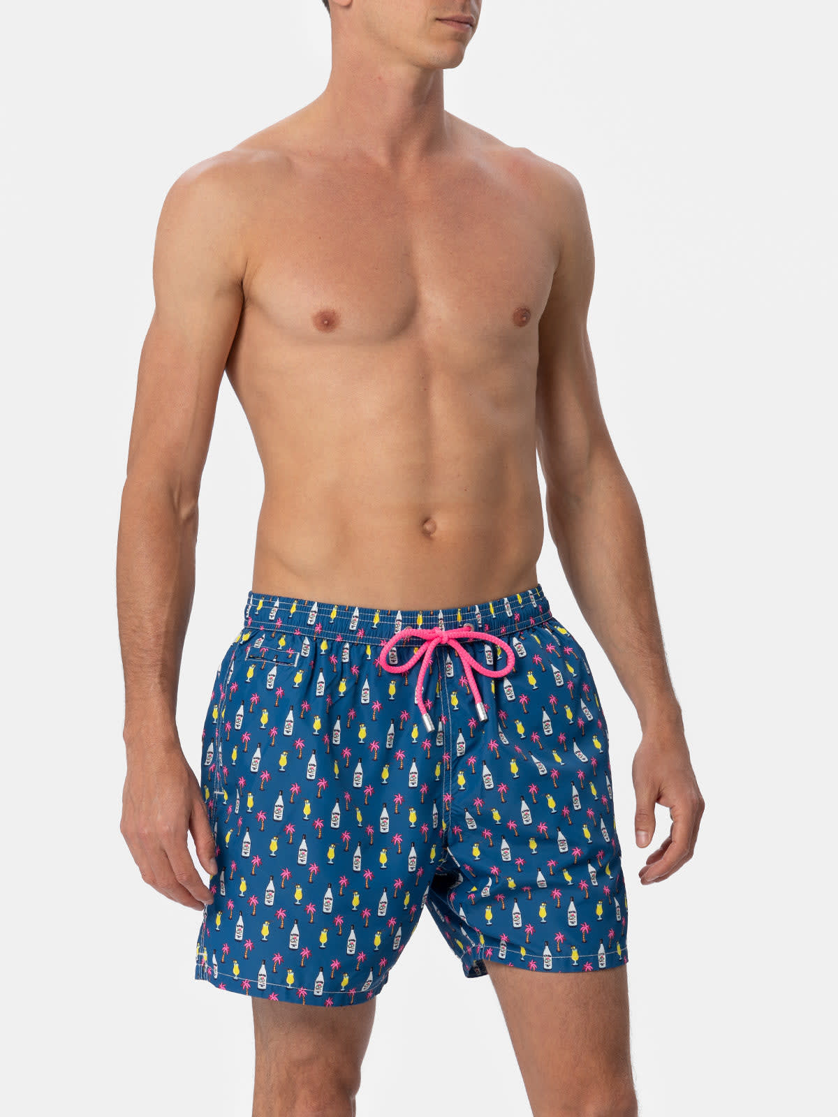 Shop Mc2 Saint Barth Man Lightweight Fabric Swim-shorts Lighting Micro Fantasy With Cocktail Print In Blue