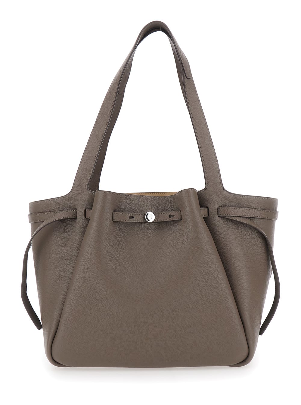 Tory Burch Romy Brown Tote Bag With Adjustable Drawstring Closure And Logo Detail On The Front In Grained Leath