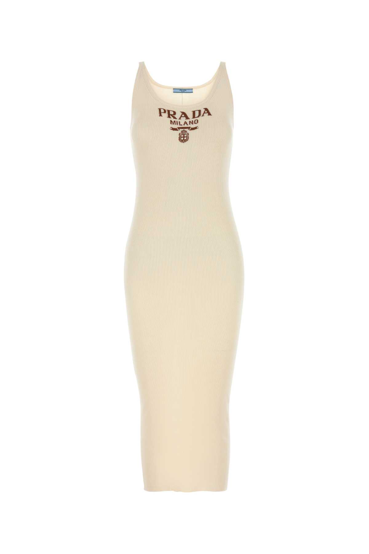 Prada Silk Ribbed Midi Dress In Neutral
