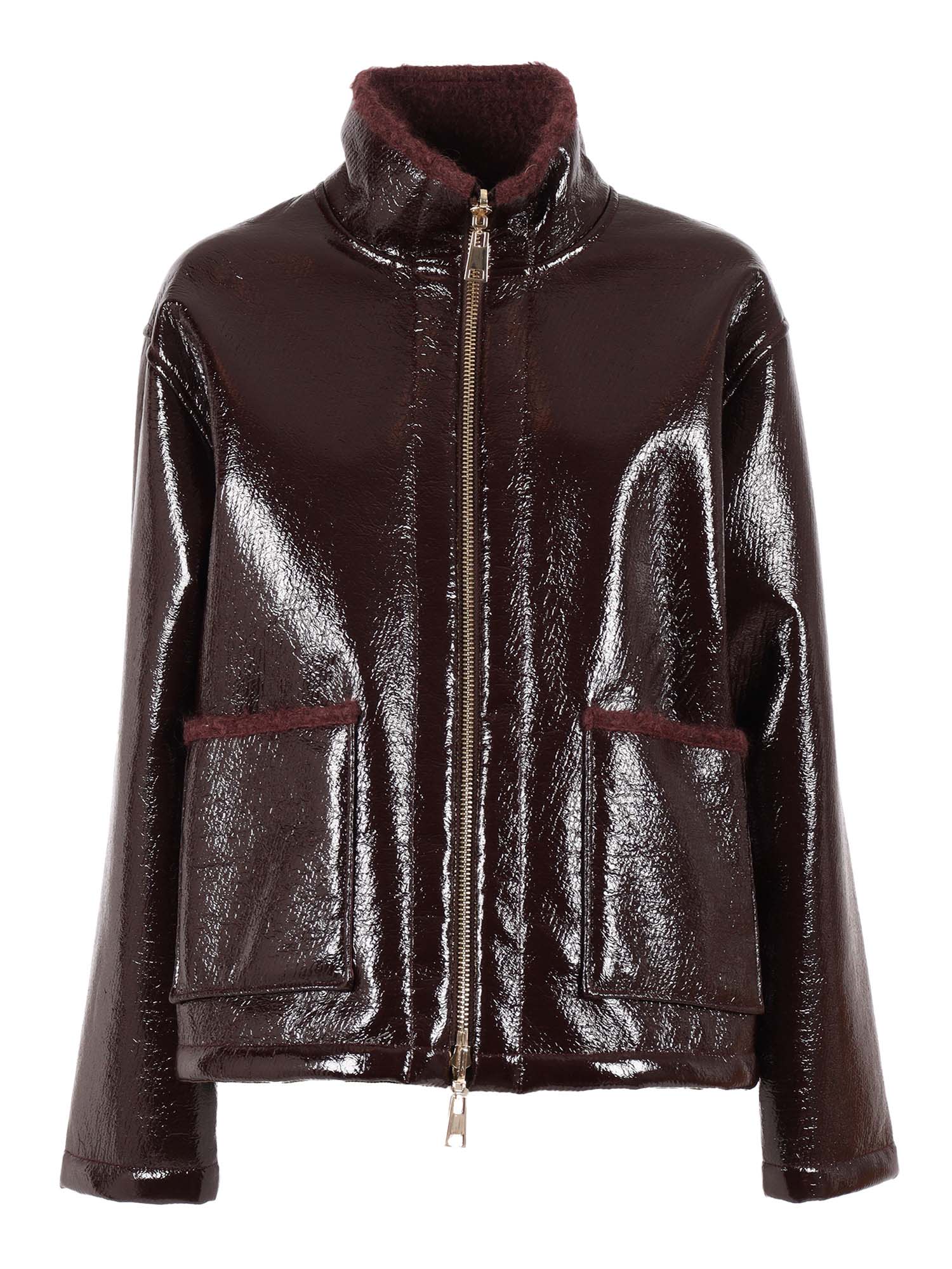 Lorena Antoniazzi High-neck Zip-front Jacket In Burgundy