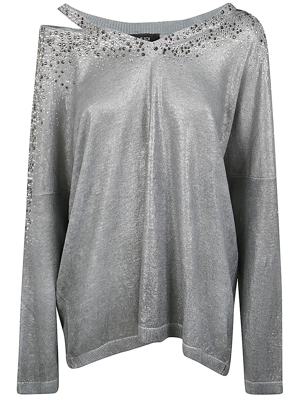 Shop Avant Toi Linen Cotton V-neck Pullover With Lamination And Strass In Ice
