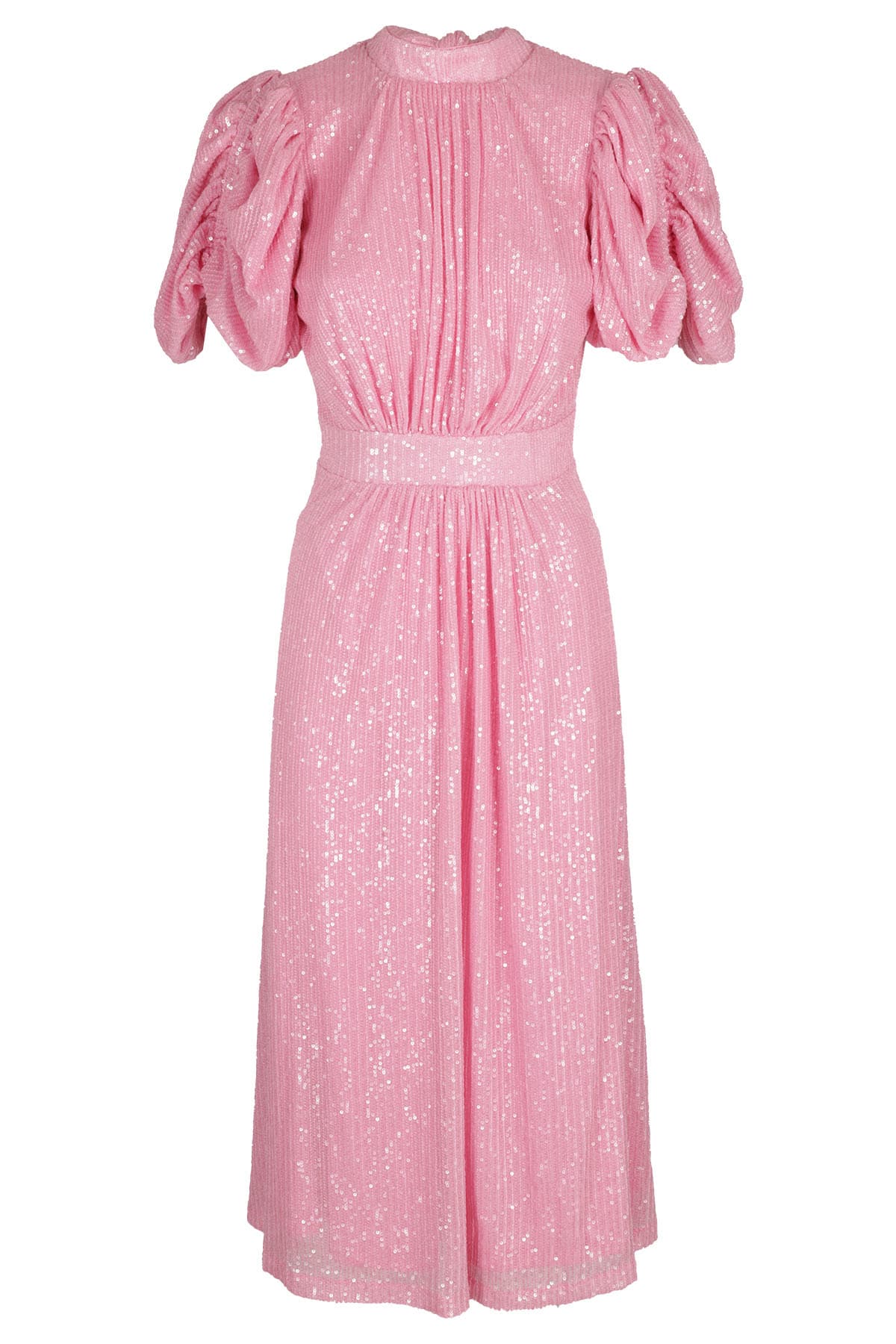 Shop Rotate Birger Christensen Sequined Maxi Puffy Sleeved Dress In Bergonia Pink