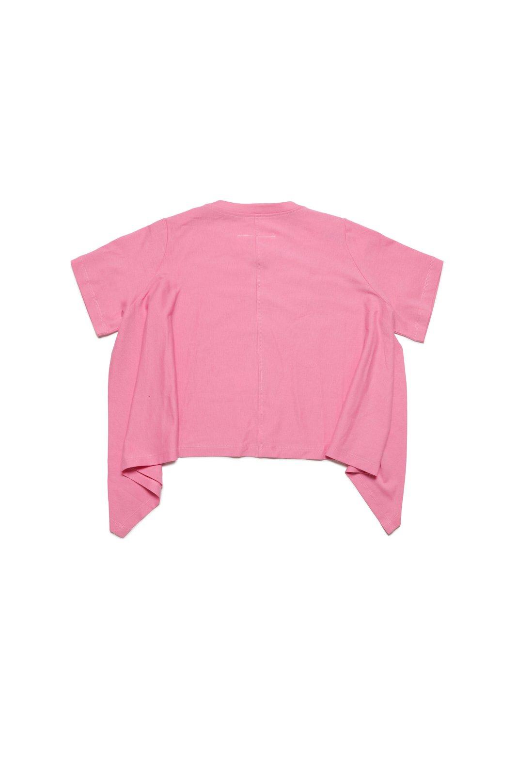 Shop Mm6 Maison Margiela Logo Printed Crewneck Asymmetric T-shirt In Pink