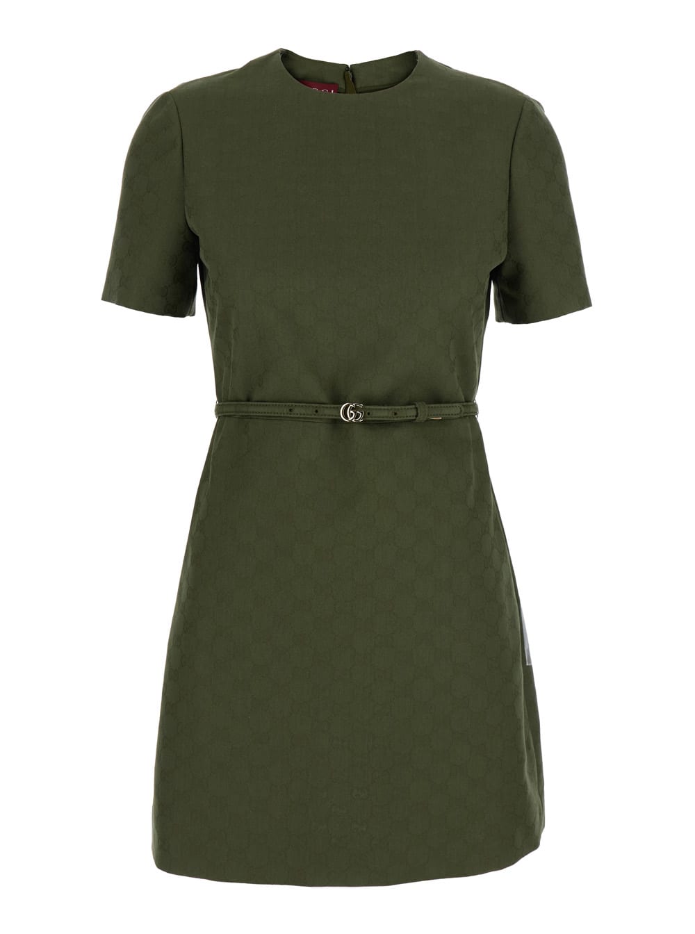 Gucci Green Mini Dress With Gg Buckle Belt In Fabric Woman In Green