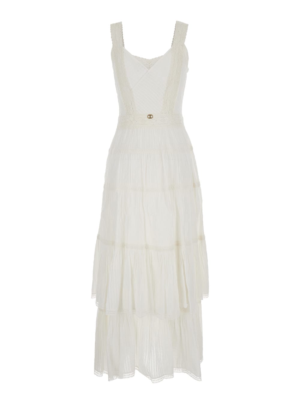 Shop Twinset White Embrioidered Long Dress In Cotton Woman