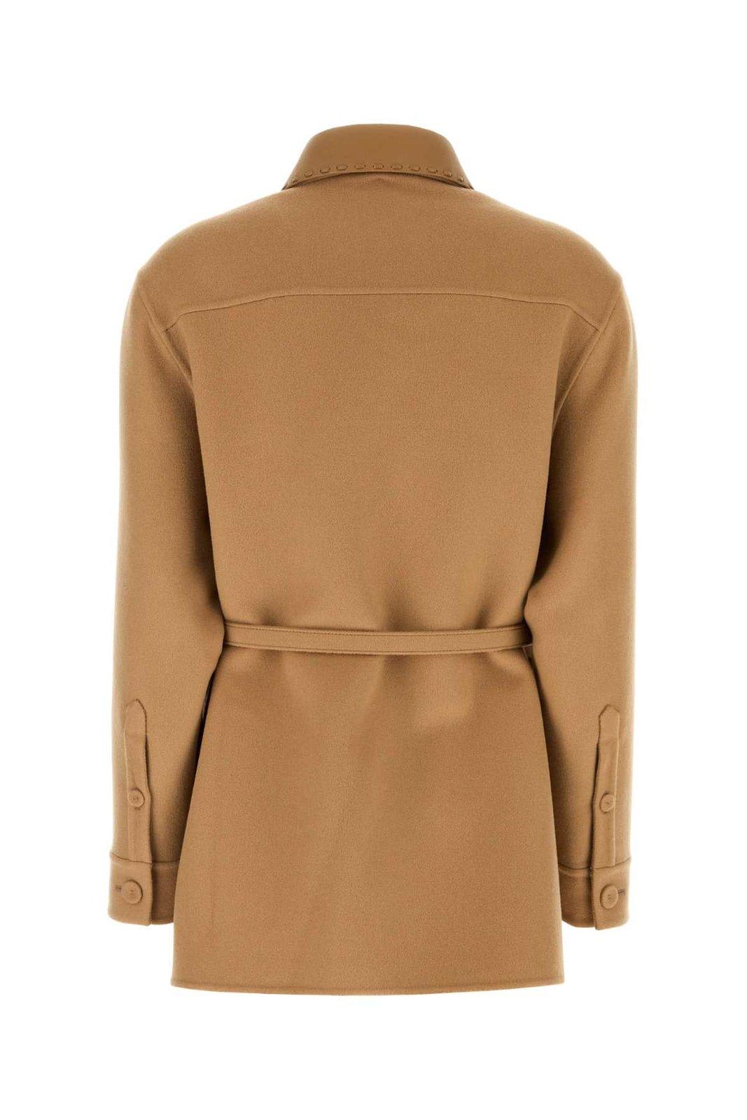 Shop Fendi Logo Embroidered Belted Waist Jacket In Camel