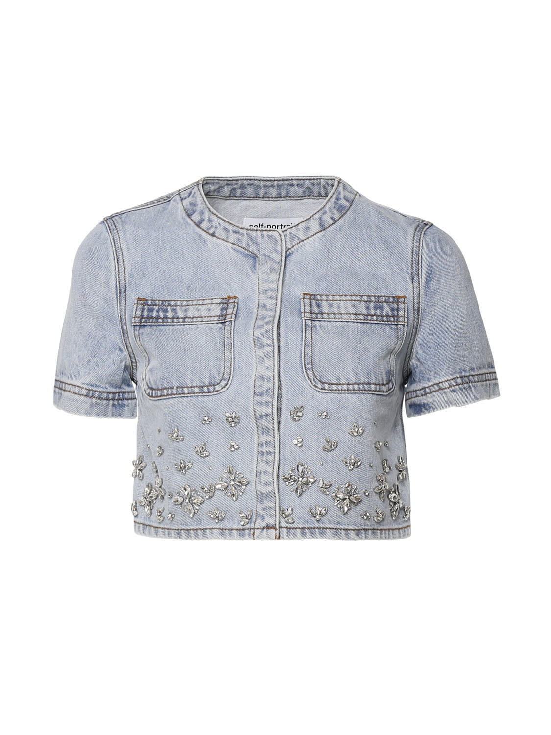 Shop Self-portrait Cropped Jacket With Short Sleeves In Blue