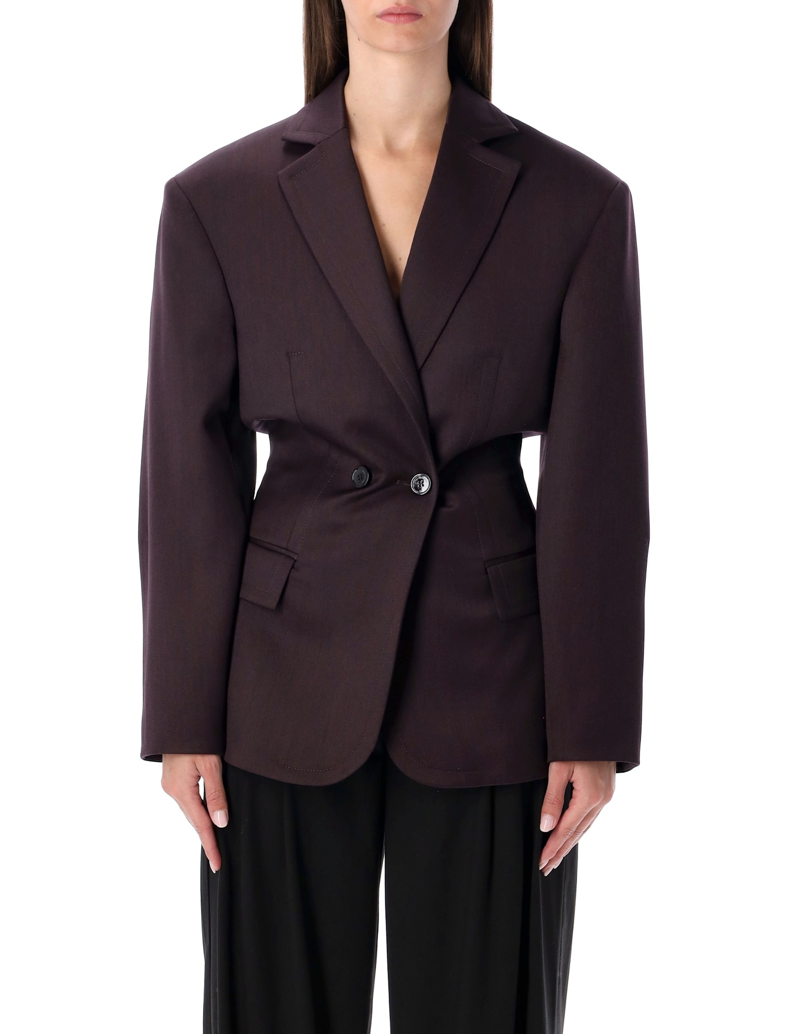 Magda Butrym Burgundy Belted Double-breasted Blazer In Purple