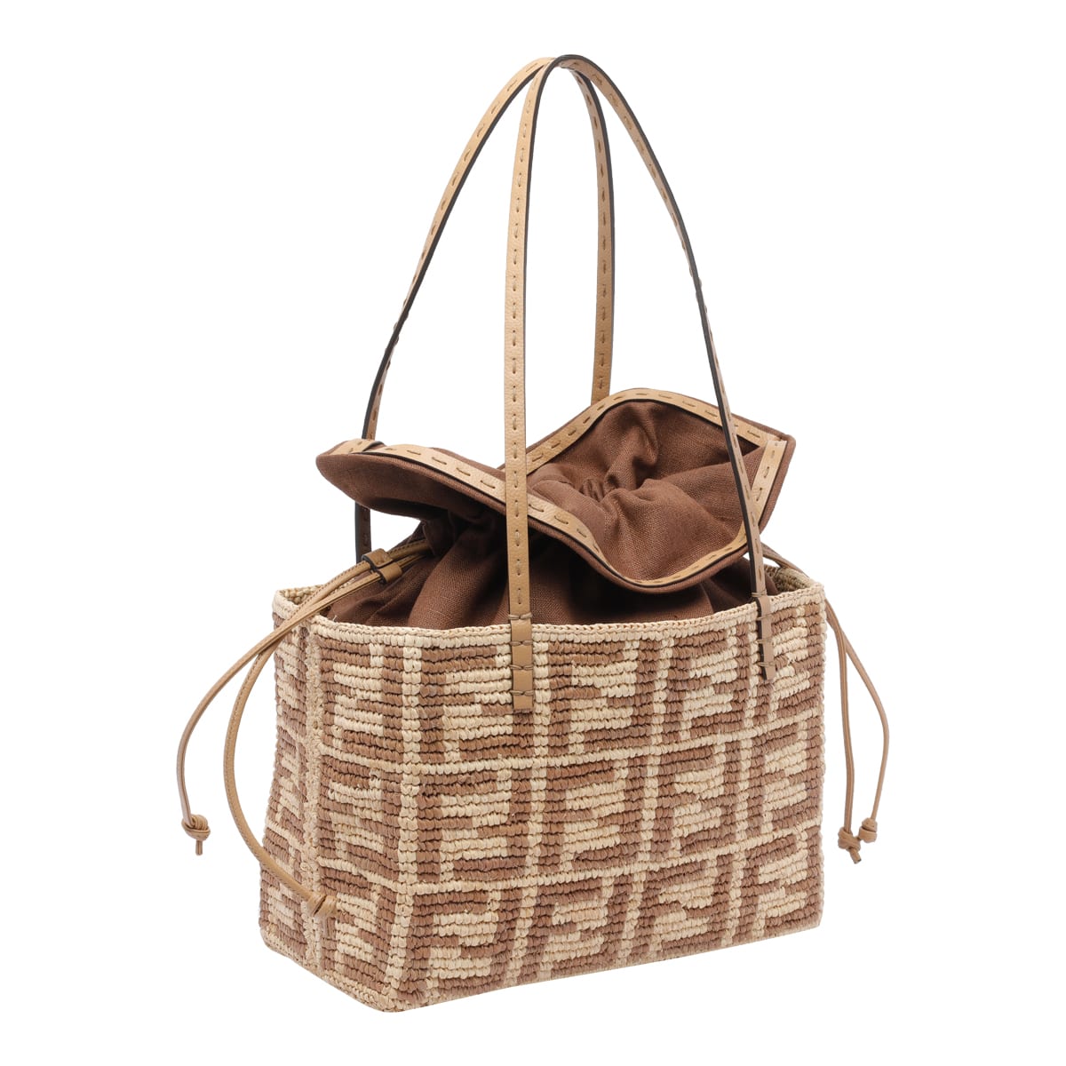 Fendi Small Roll Rafia Shopper In Brown