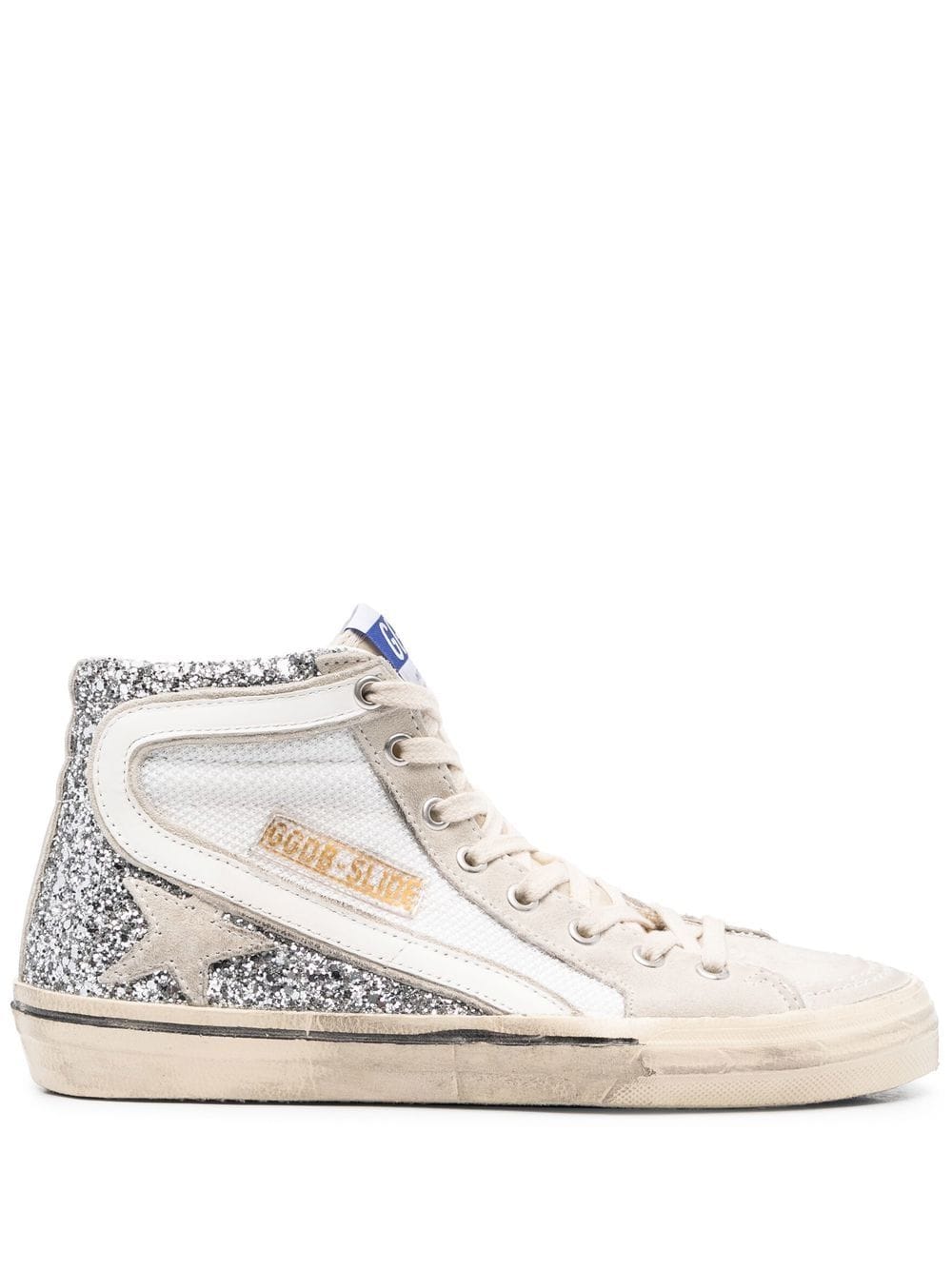 GOLDEN GOOSE SLIDE NET AND GLITTER UPPER SUEDE TOE STAR AND LIST LEATHR WAVE