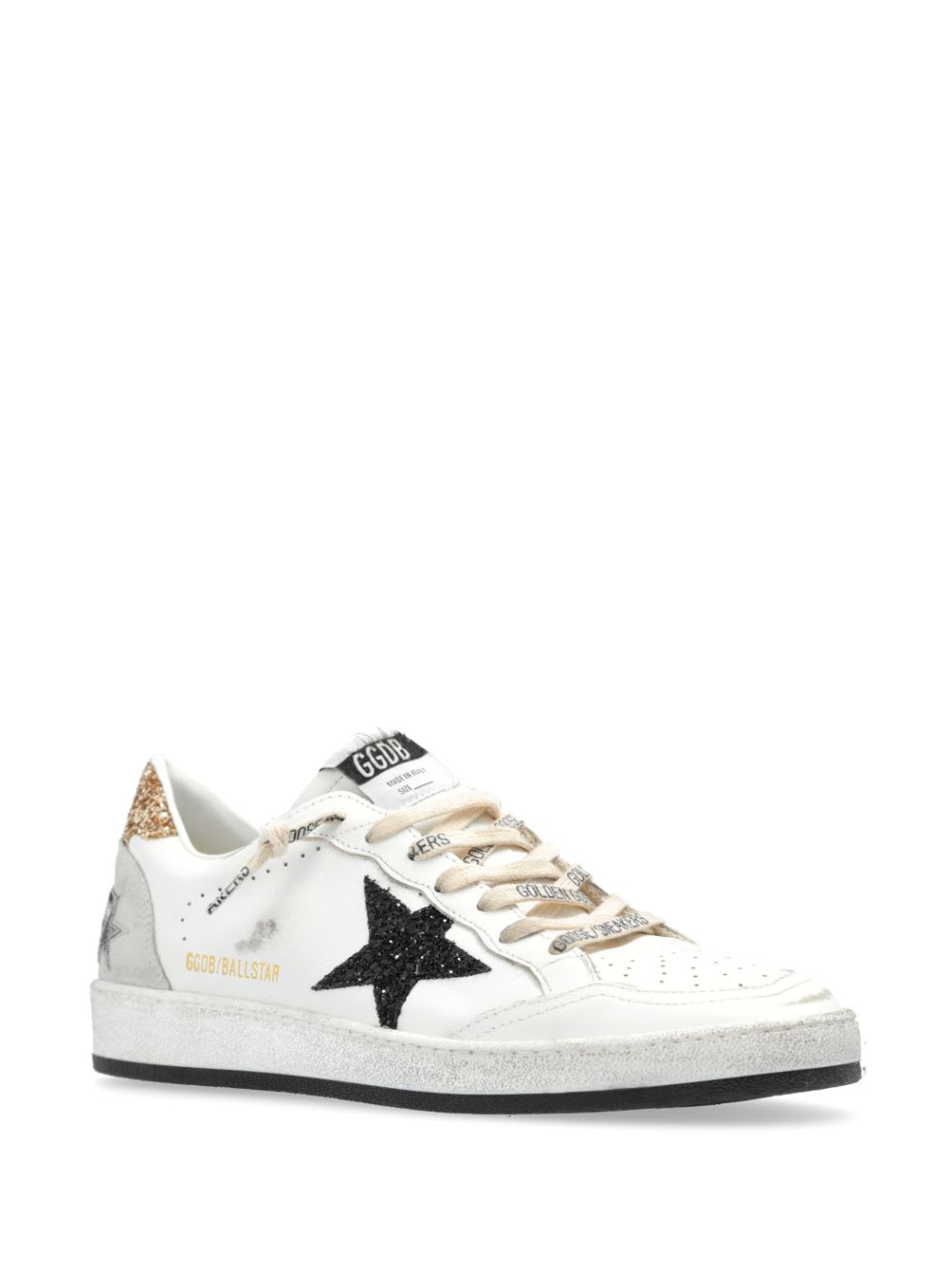 Golden Goose Ballstar White Low Top Sneakers With Glittered Star Patch On The Side And Glittered Heel With Logo L