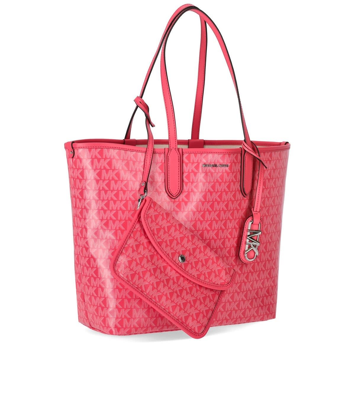 Shop Michael Kors Big Pink Tote Bag With All-over Monogram And Logo Charm In Faux Leather Woman In Fuchsia
