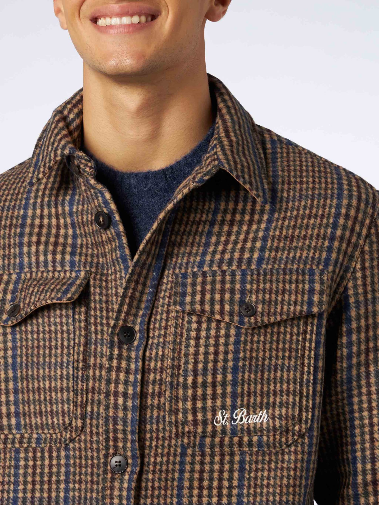 Shop Mc2 Saint Barth Man Wooly Prince Of Wales Overshirt With Pockets And Patches In Brown