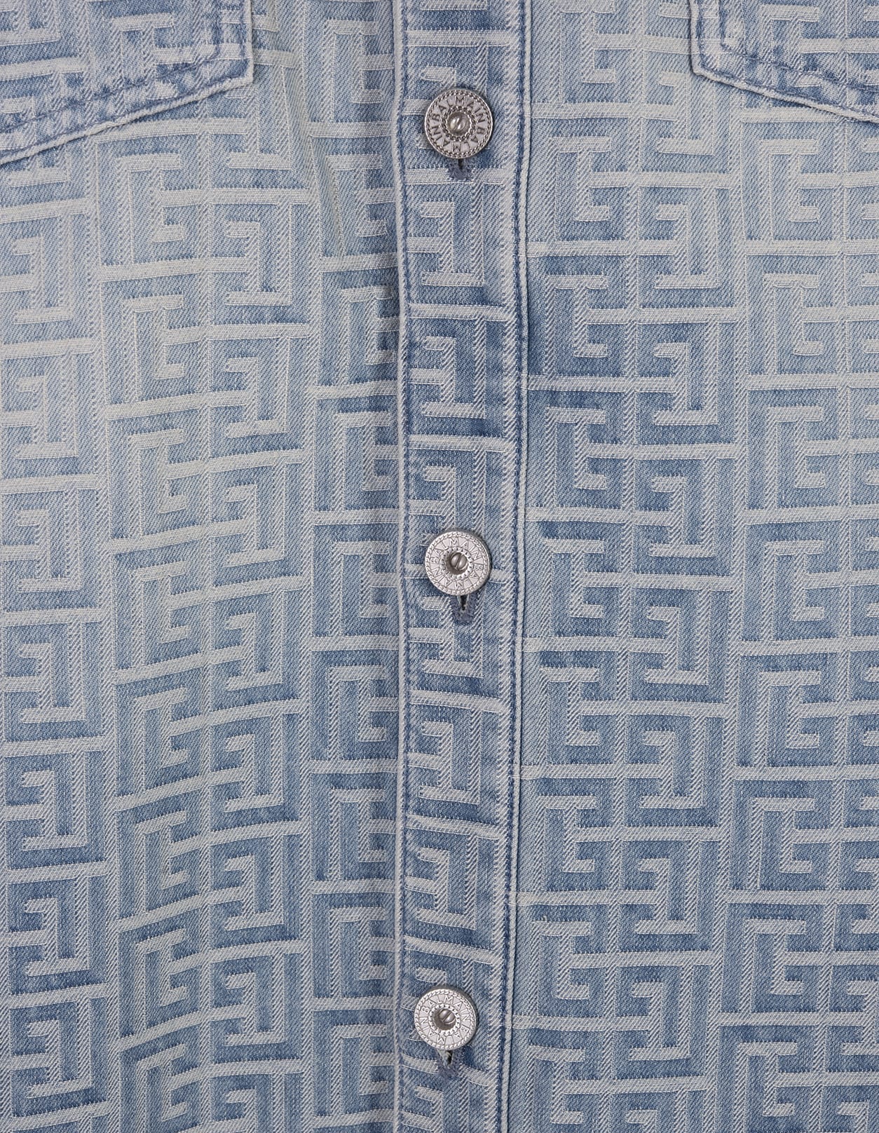 Balmain Denim Overshirt With Monogram In Blu