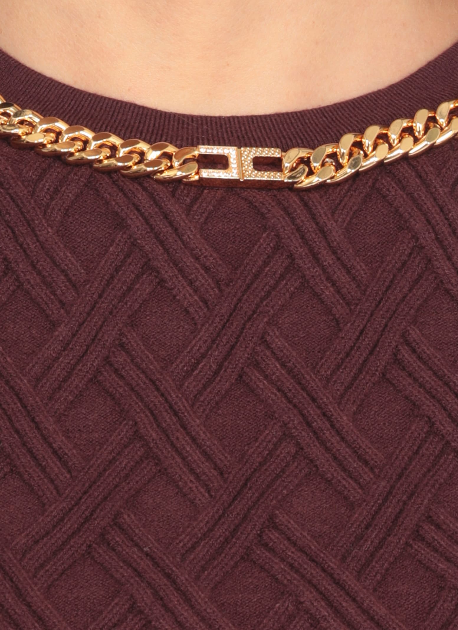 Elisabetta Franchi Cropped Sleeveless Sweater Gold Chain Detail In Burgundy