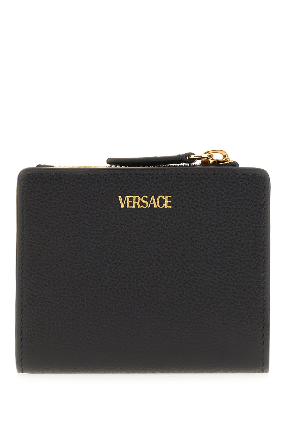 Versace Compact Leather Wallet With Gold Hardware In Black Gold