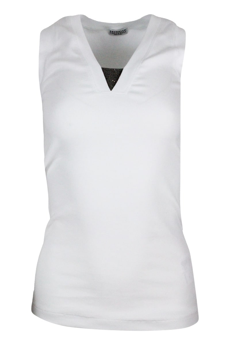 Brunello Cucinelli Tank Top T-shirt In Ribbed Stretch Cotton With V-neck And Monili