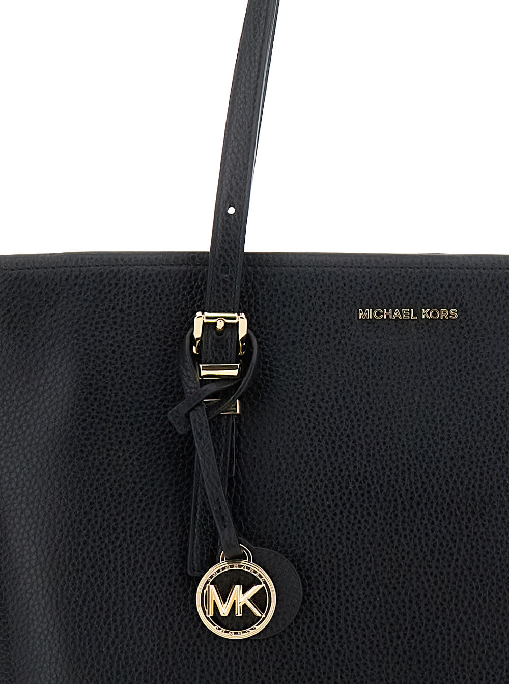 Michael Michael Kors Quinn Black Medium Tote Bag With Removable Logo Charm And Embossed Logo Lettering On The Front In Gr
