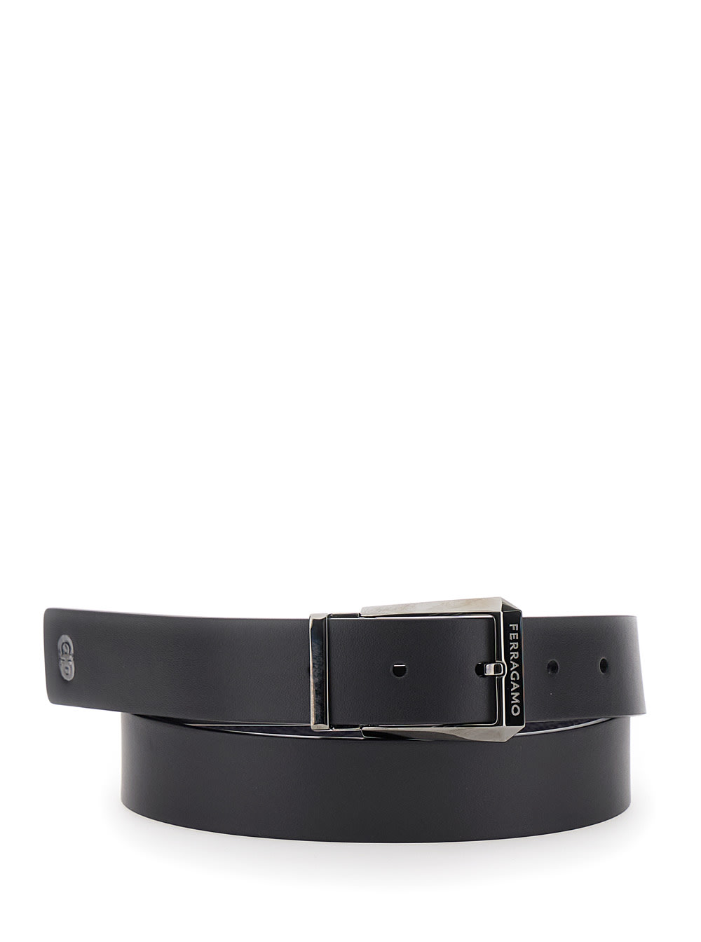 Shop Ferragamo Black Reversible Belt With Engraved Logo In Smooth And Hammered Leather Man