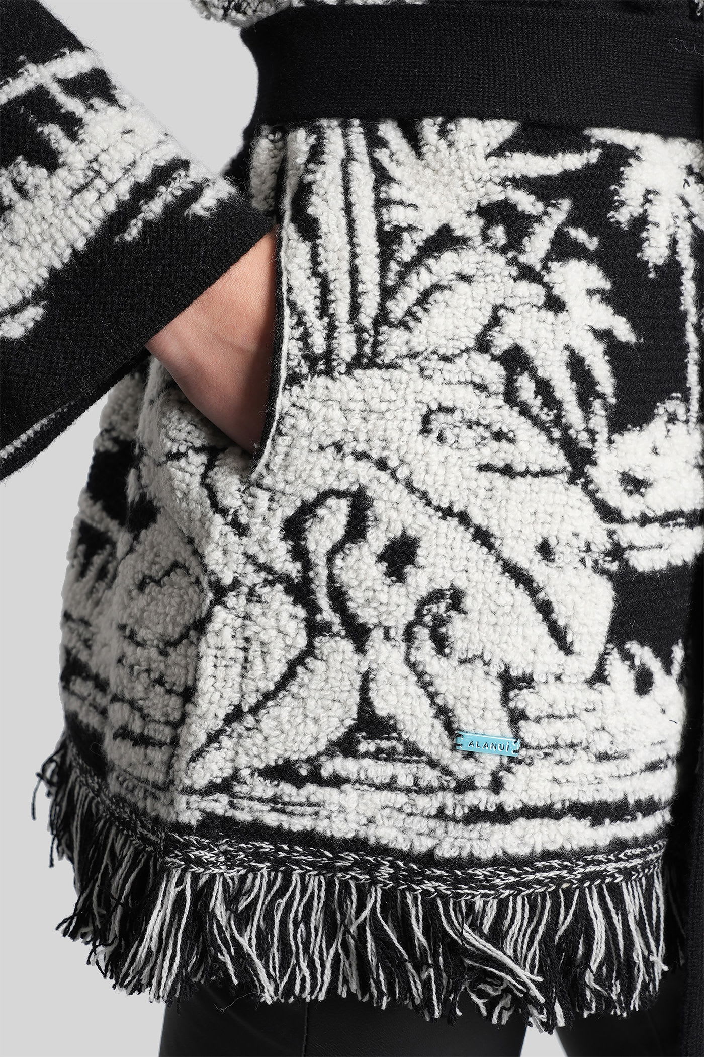 Alanui Black Cardigan With Tropical Pattern And Fringes In Black
