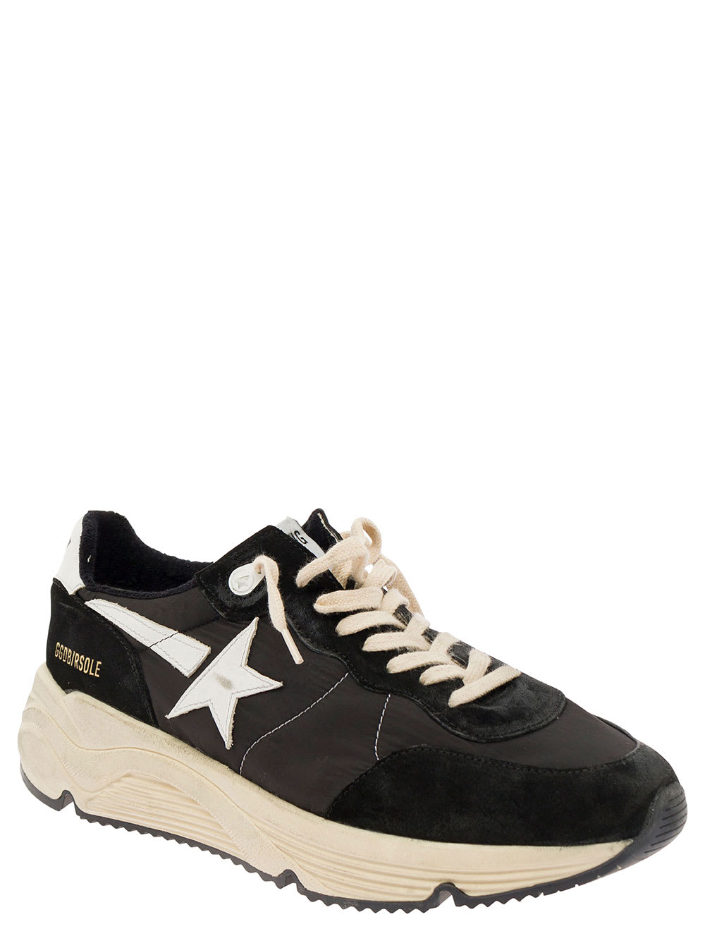 Shop Golden Goose Running Black Low Top Sneakers With Star Patch In Suede And Tech Fabric Man
