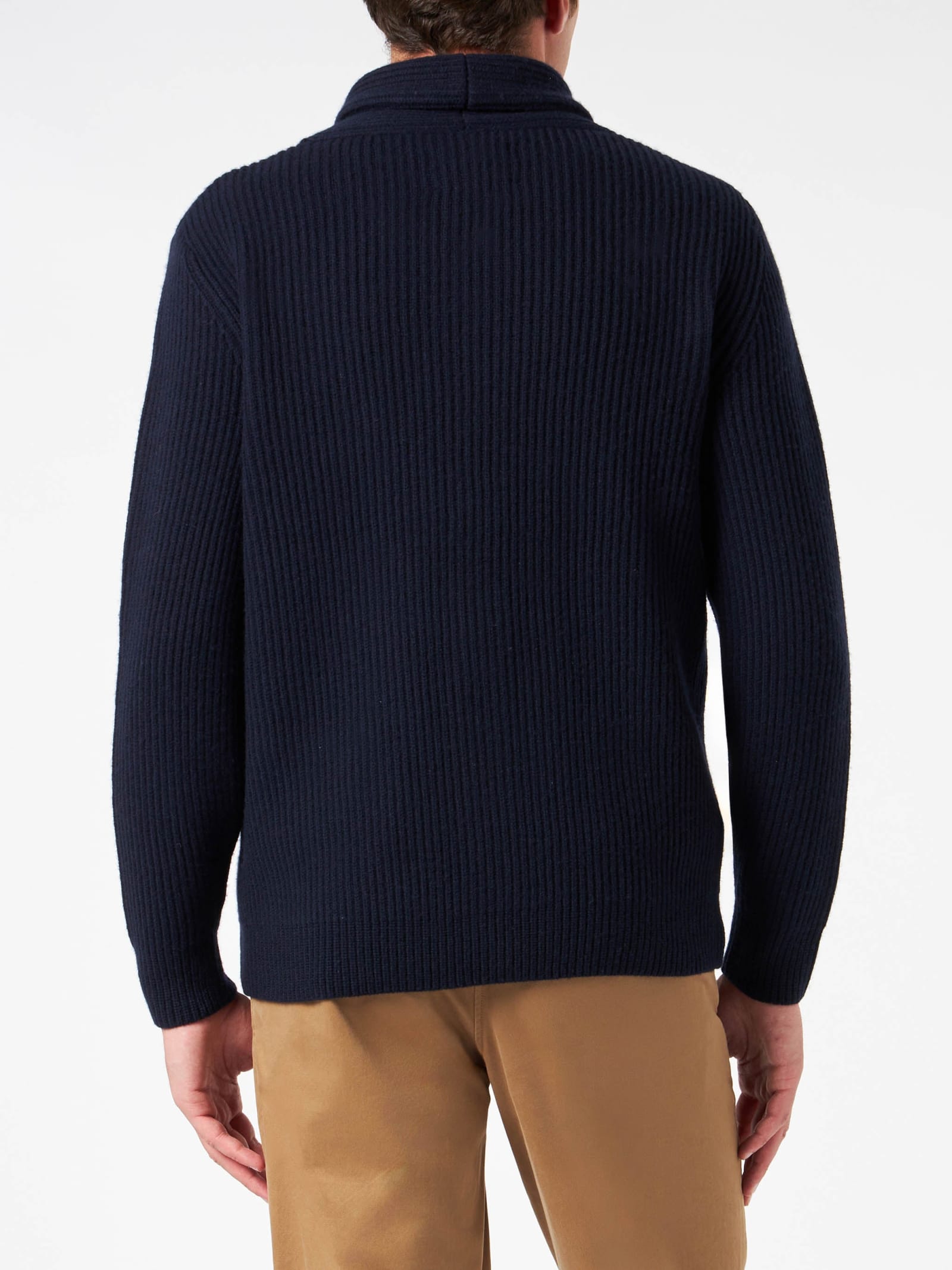 Mc2 Saint Barth Man Shawl Collar Blue Ribbed Cardigan With Pockets And Patch In Blue