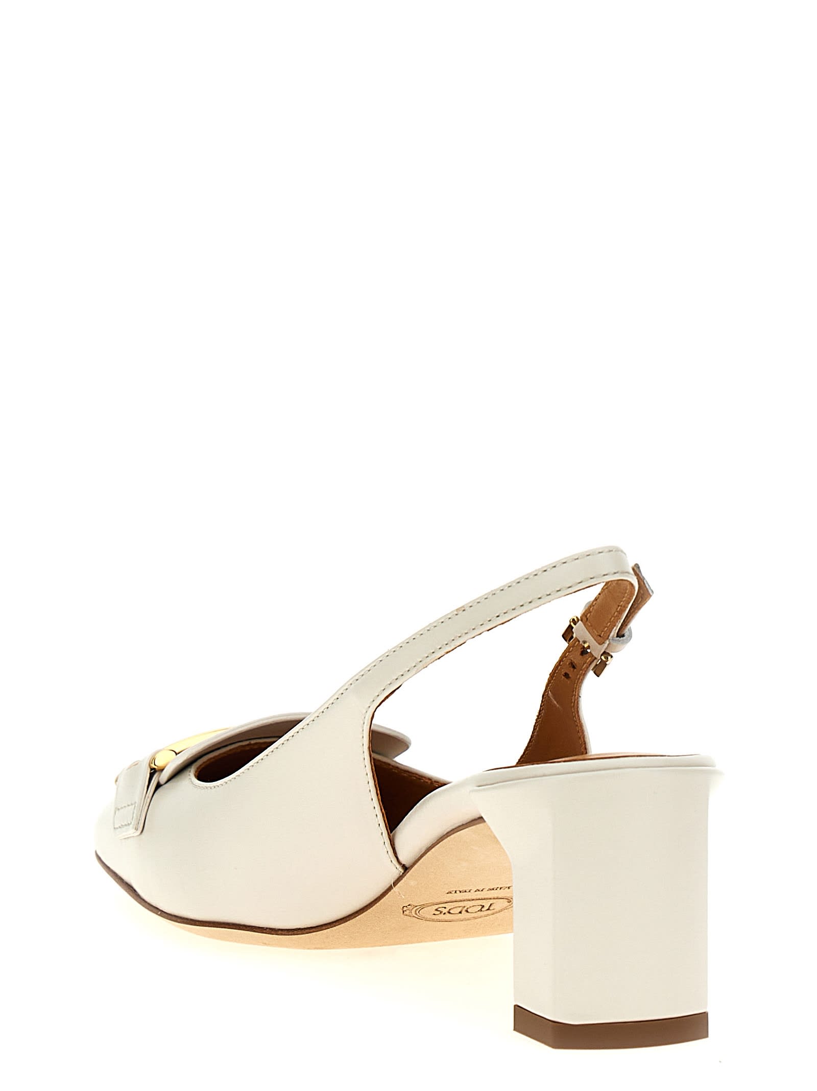 Tod's Square Toe Leather Pumps With Metal Bar In Beige